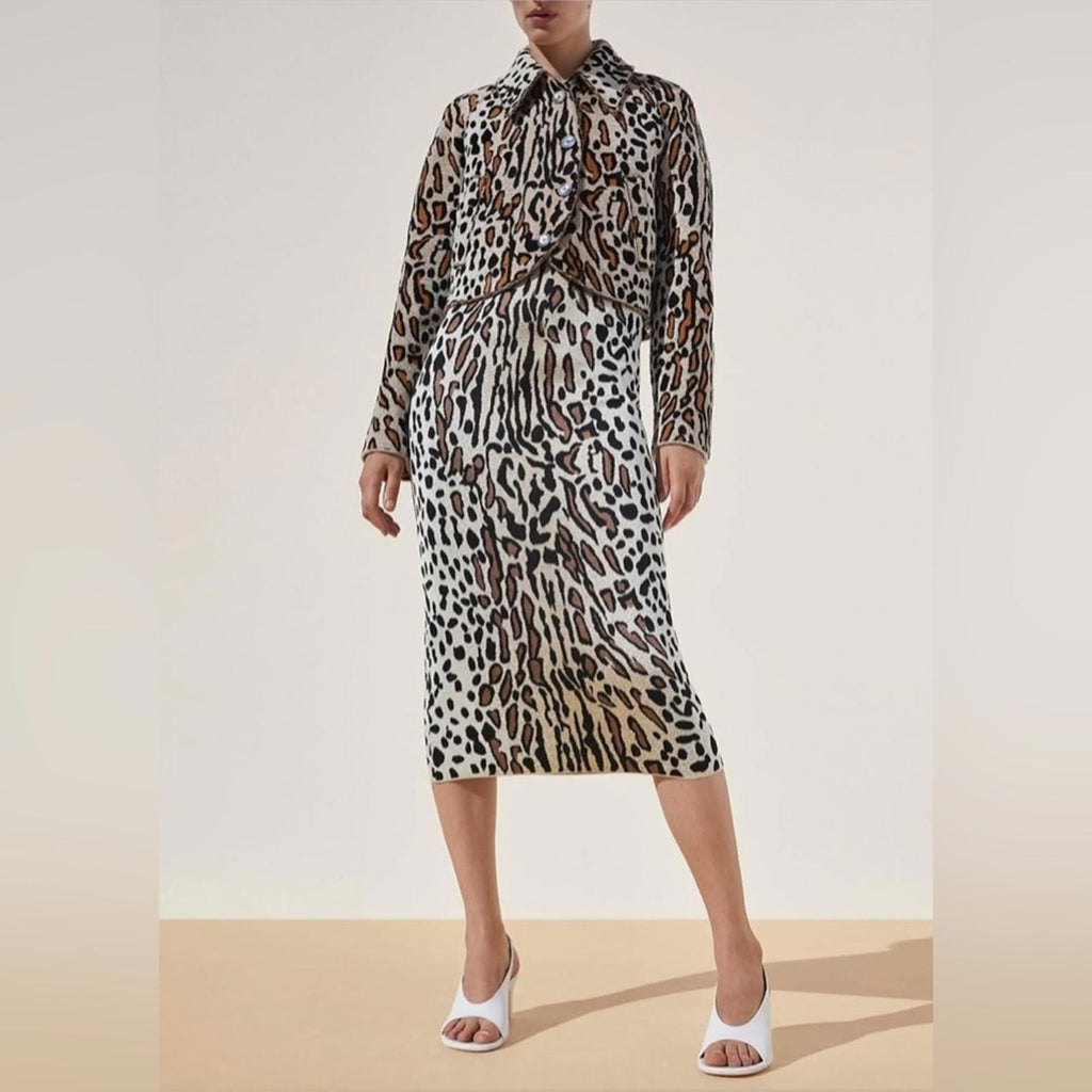 St. John Margay Animal Print Midi Dress in Brown Multi, Size 2 NEW w/Tag $1,295