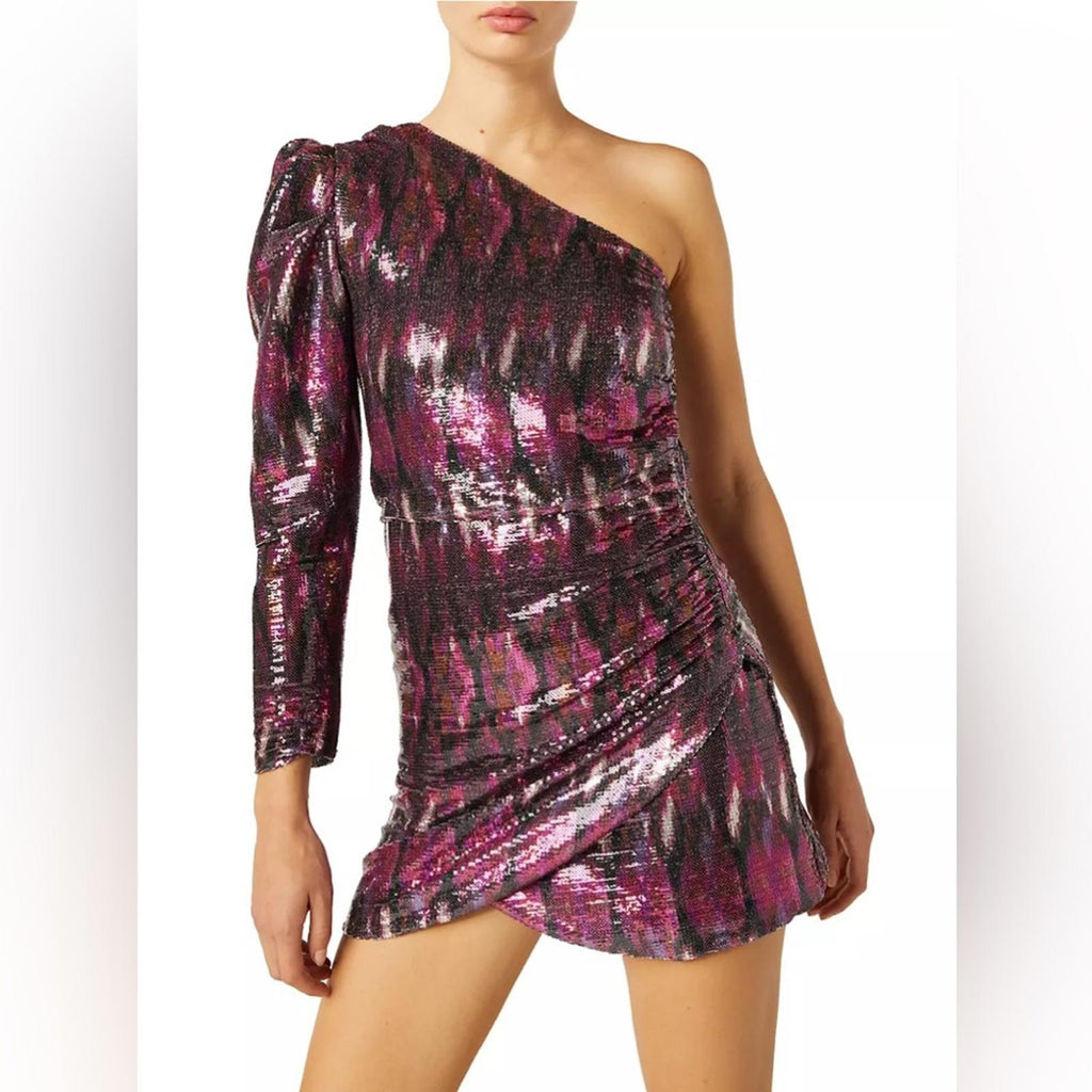 MISA Revolve Nova One-Shoulder Sequin Mini Dress, Purple Size S New w/o Tag $370