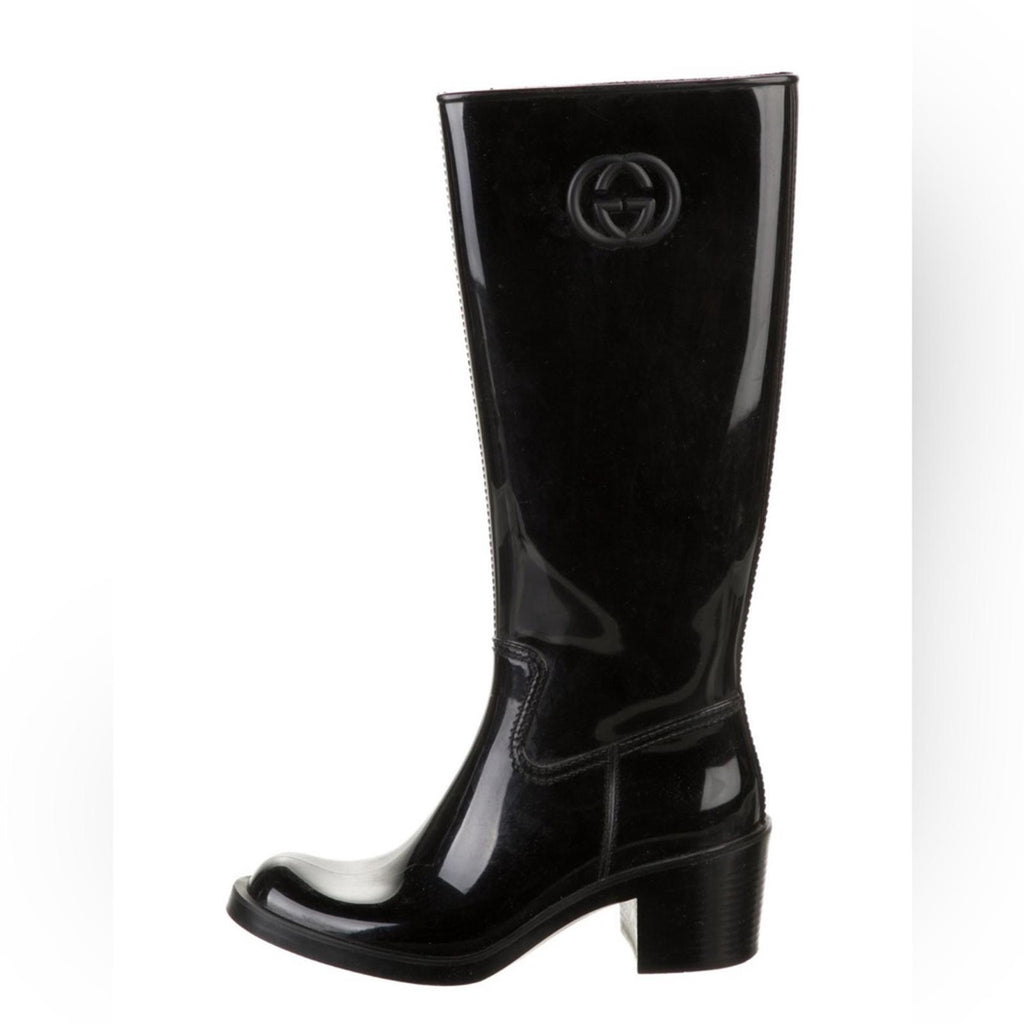 GUCCI Interlocking G Rubber Mid-Calf Rain Boots, Black Size 37 EXCELLENT!