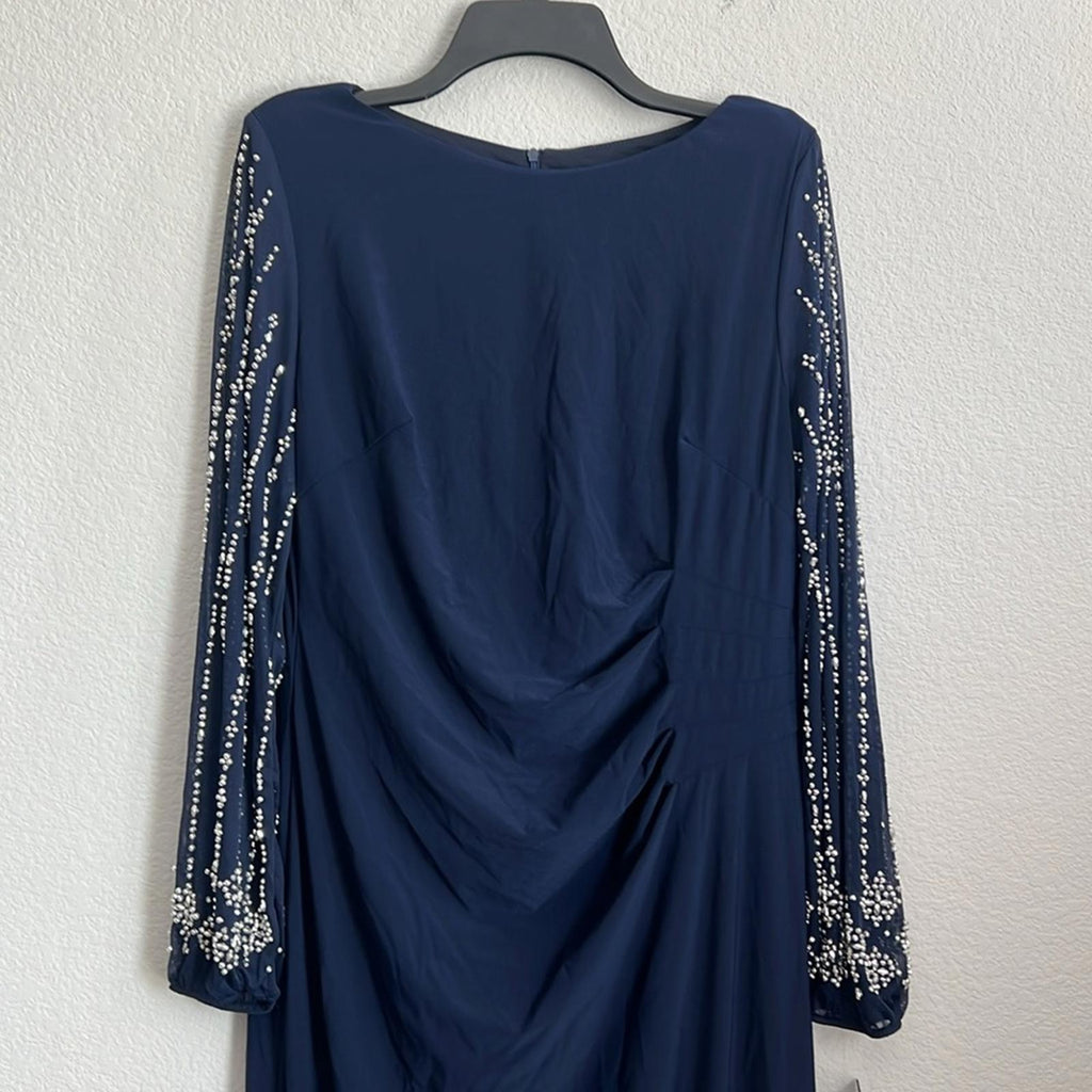 Marina Sheer Beaded Long Sleeve Maxi Dress in Navy, Size 16, New w/Tag