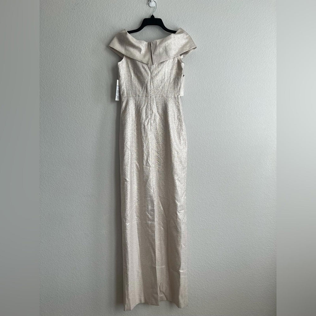 Teri Jon Metallic Jacquard Off-the-Shoulder Champagne Gown Size 4 NEW w/Tag
