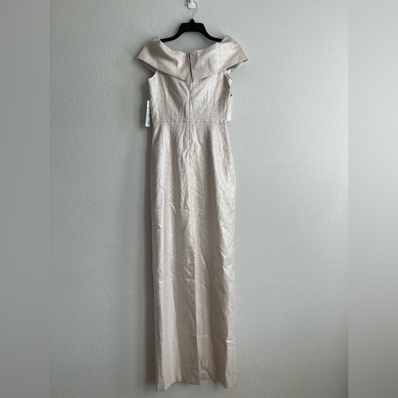 Teri Jon Metallic Jacquard Off-the-Shoulder Champagne Gown Size 4 NEW w/Tag