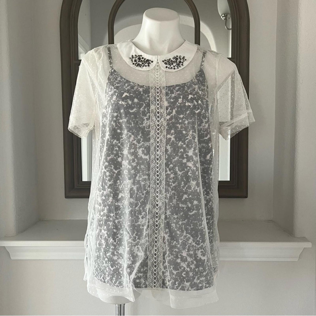 Next 2-Piece PeterPan Embelished Collar Mesh Blouse & Camisole Size UK 18, US 14