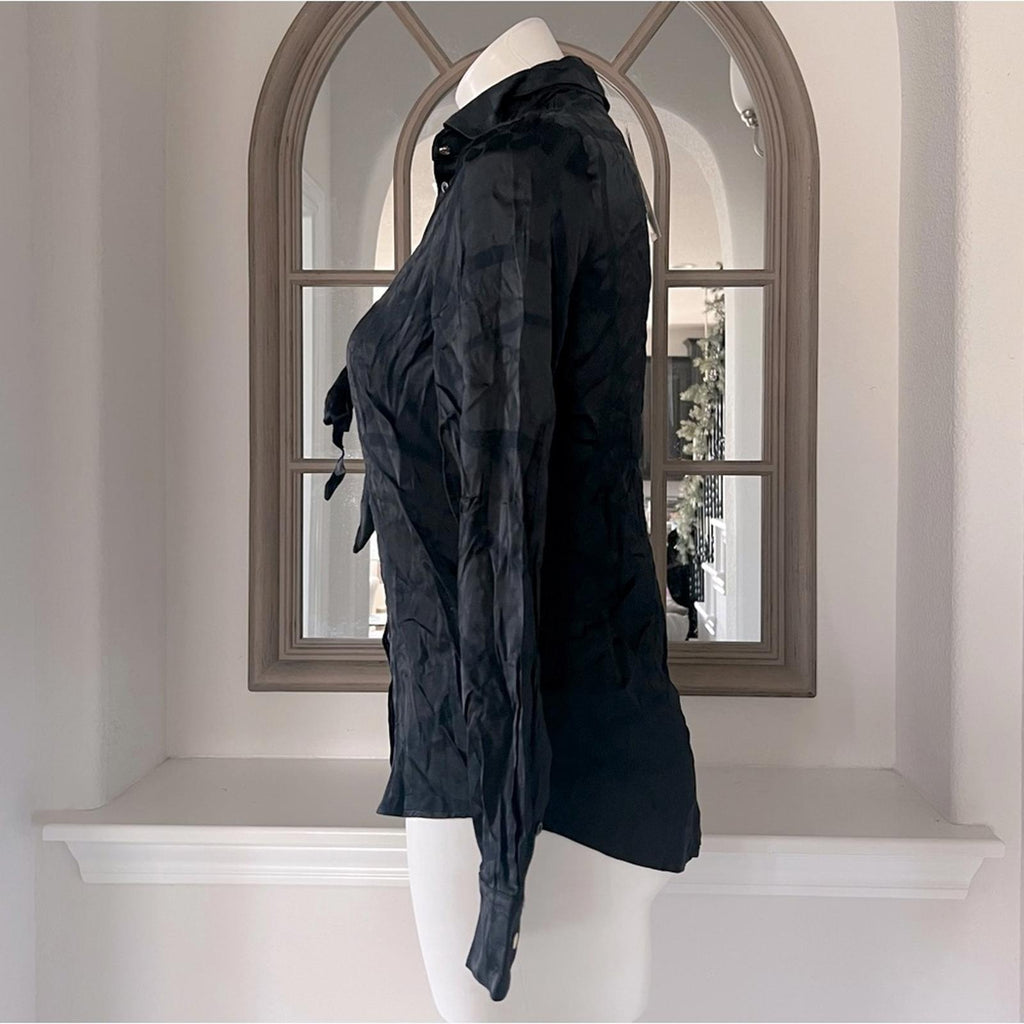 Lauren Ralph Lauren Belting-Motif Jacquard Tie-Neck Shirt Black Size XS NEW wTag