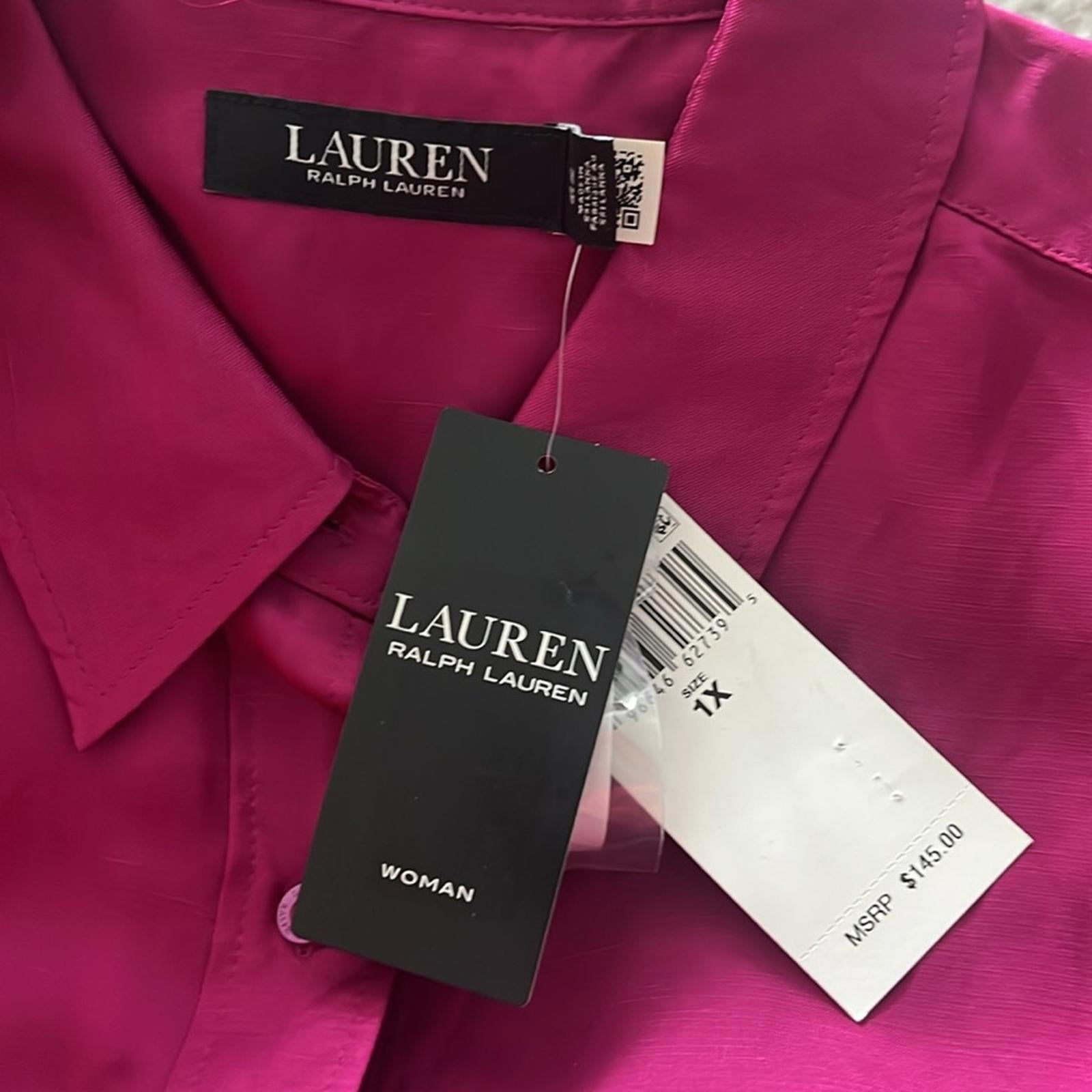 Lauren Ralph Lauren Satin Long Sleeve Buttoned Top in Fuchsia, Plus Size 1X NWT