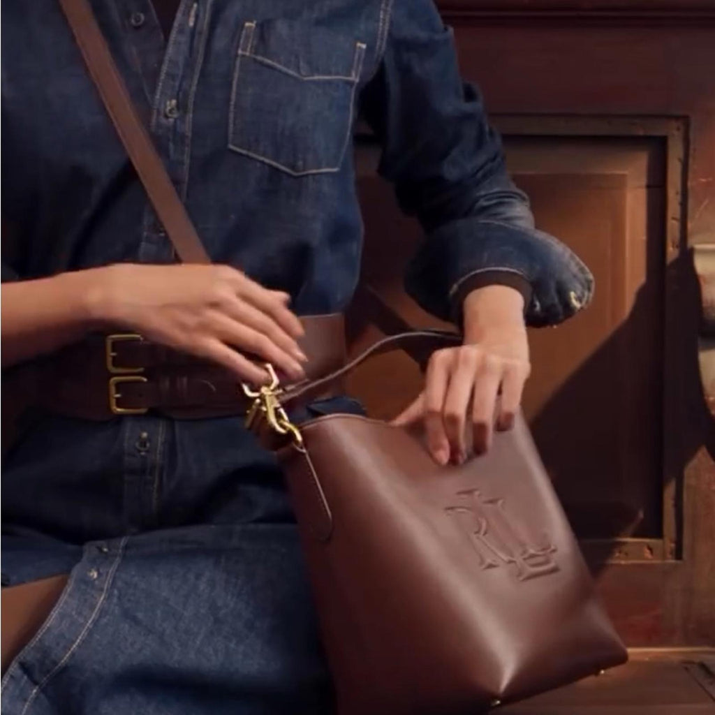 Lauren Ralph Lauren Leather Medium Witley Bucket Bag in Dark Mahogany, NEW
