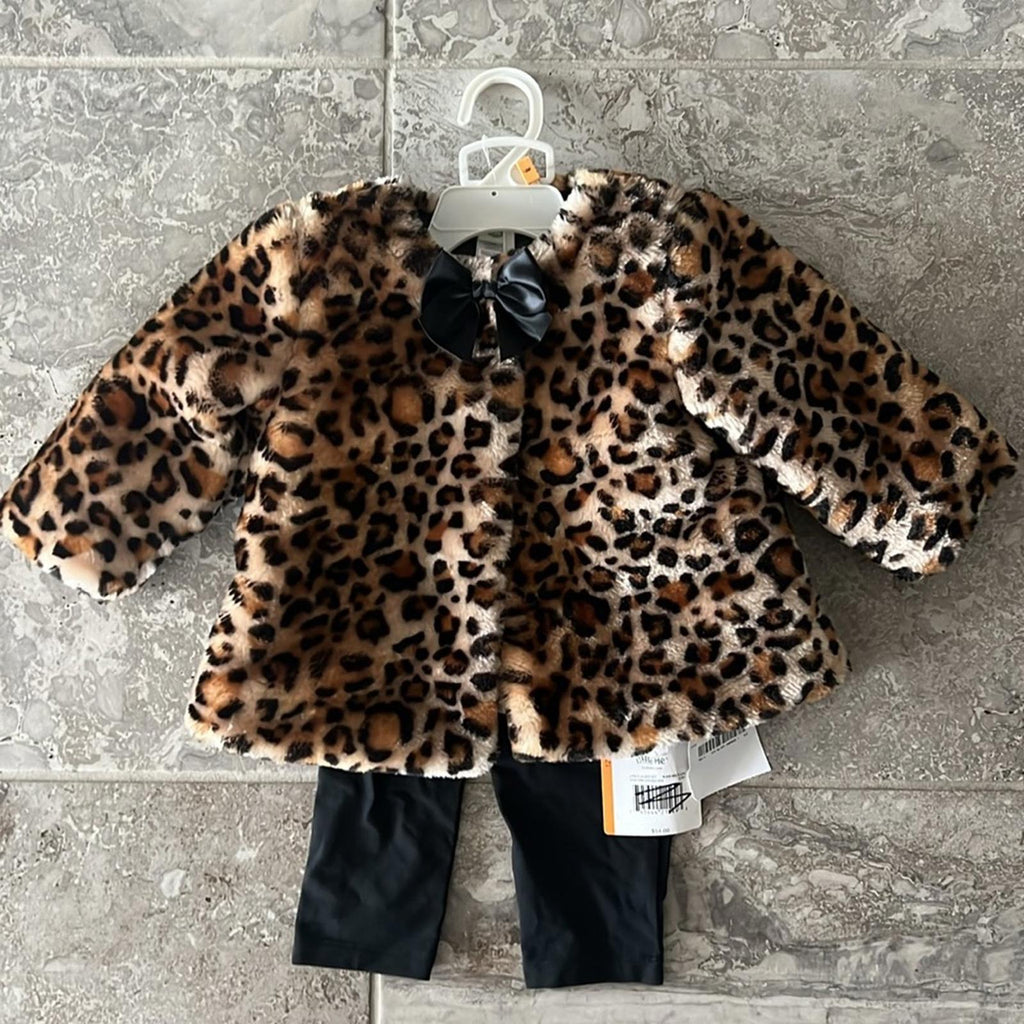 Little Me Baby 3-Pc Leopard-Print Faux-Fur Jacket, Top & Leggings Set Sz 12 Mos