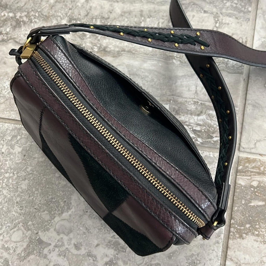 Fossil Aria Cow Hide Leather Shoulder Bag, Patchwork Black & Brown, Retail $178