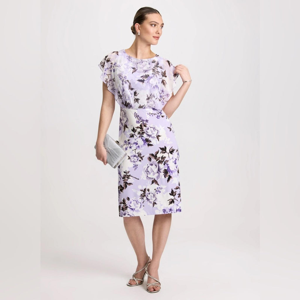 Connected Apparel Daphne Lavender Floral Chiffon Popover Dress, Petite Size 14