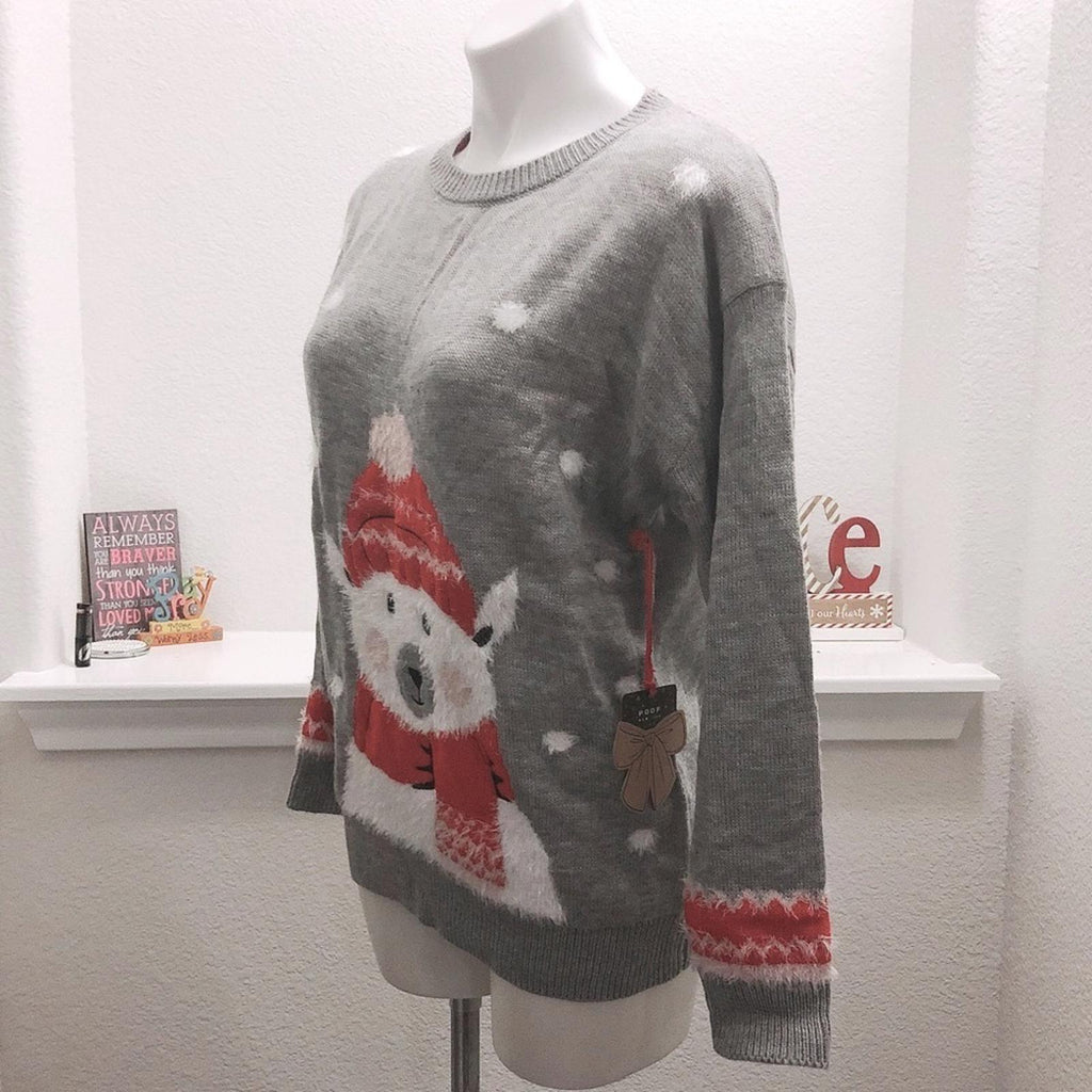 POOF New York Holiday Polar Bear Crewneck Sweater in Grey, NWT, Size M