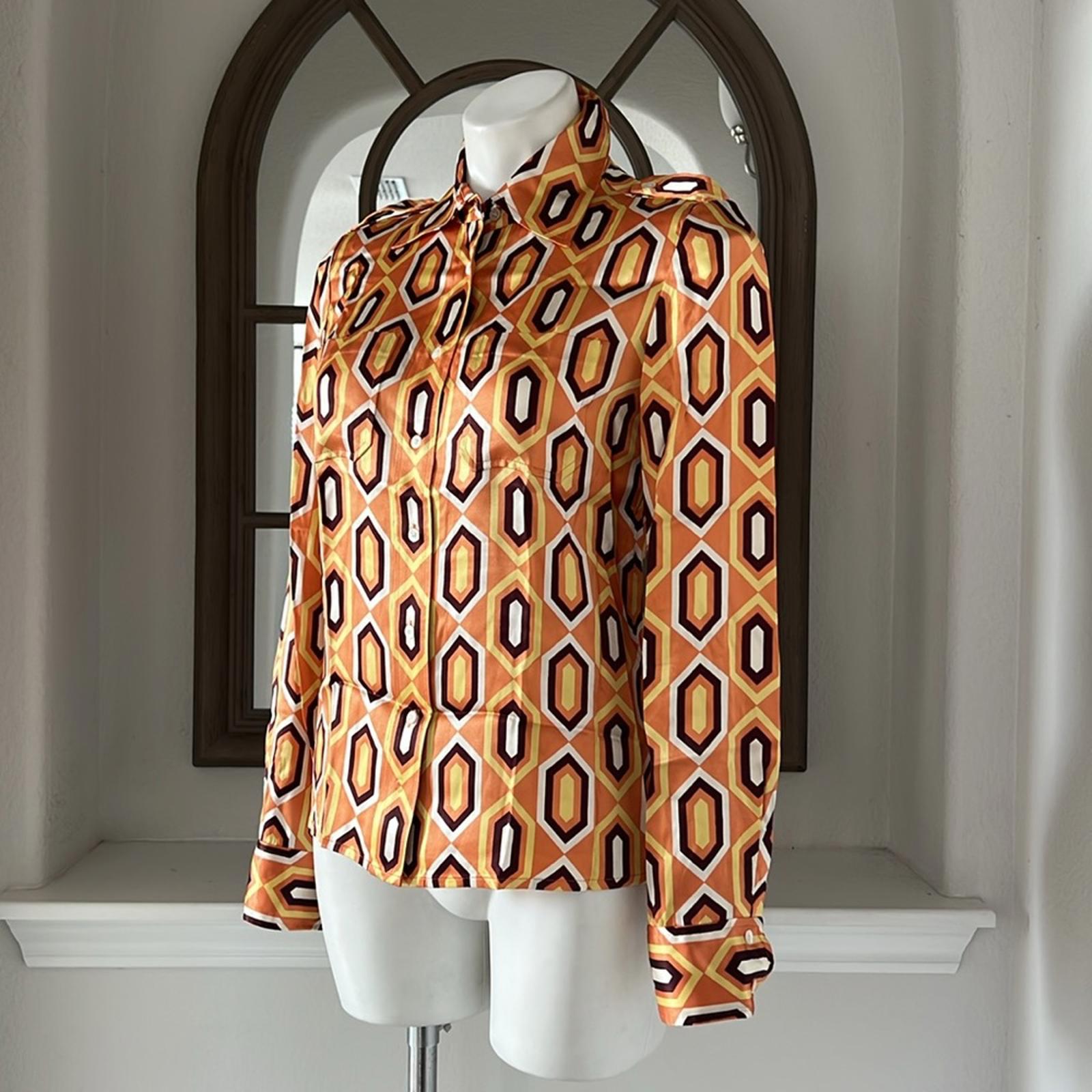 Tory Burch Silk Button Up Shirt in Orange Multi Size 6 EXCELLENT!