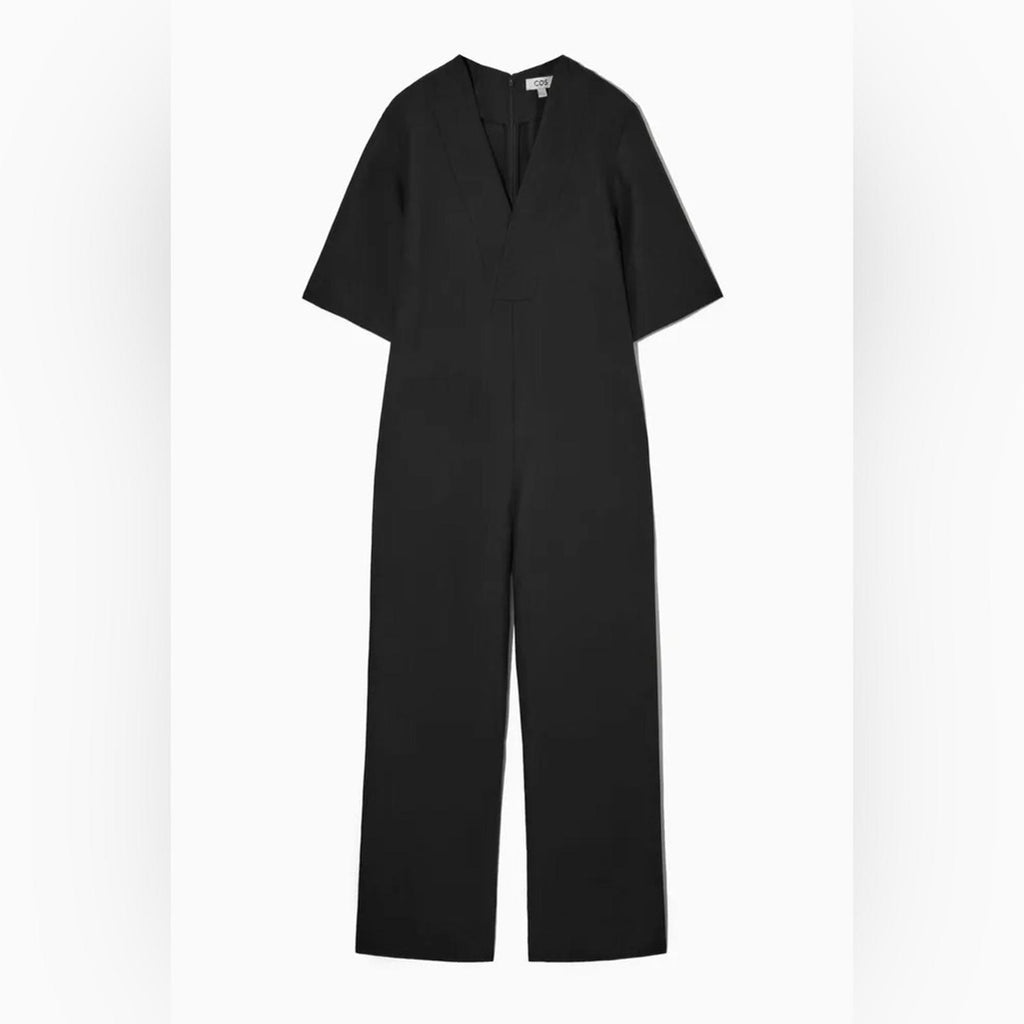 COS Linen-Blend V-Neck Short Sleeved Wide-Leg Jumpsuit,  Black Size 12 EXCELLENT