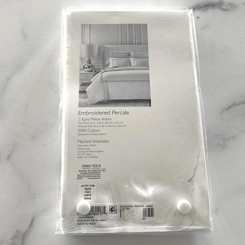 2 SKY Embroidered Percale Euro Shams (1Pair) in White/Navy, NEW $145