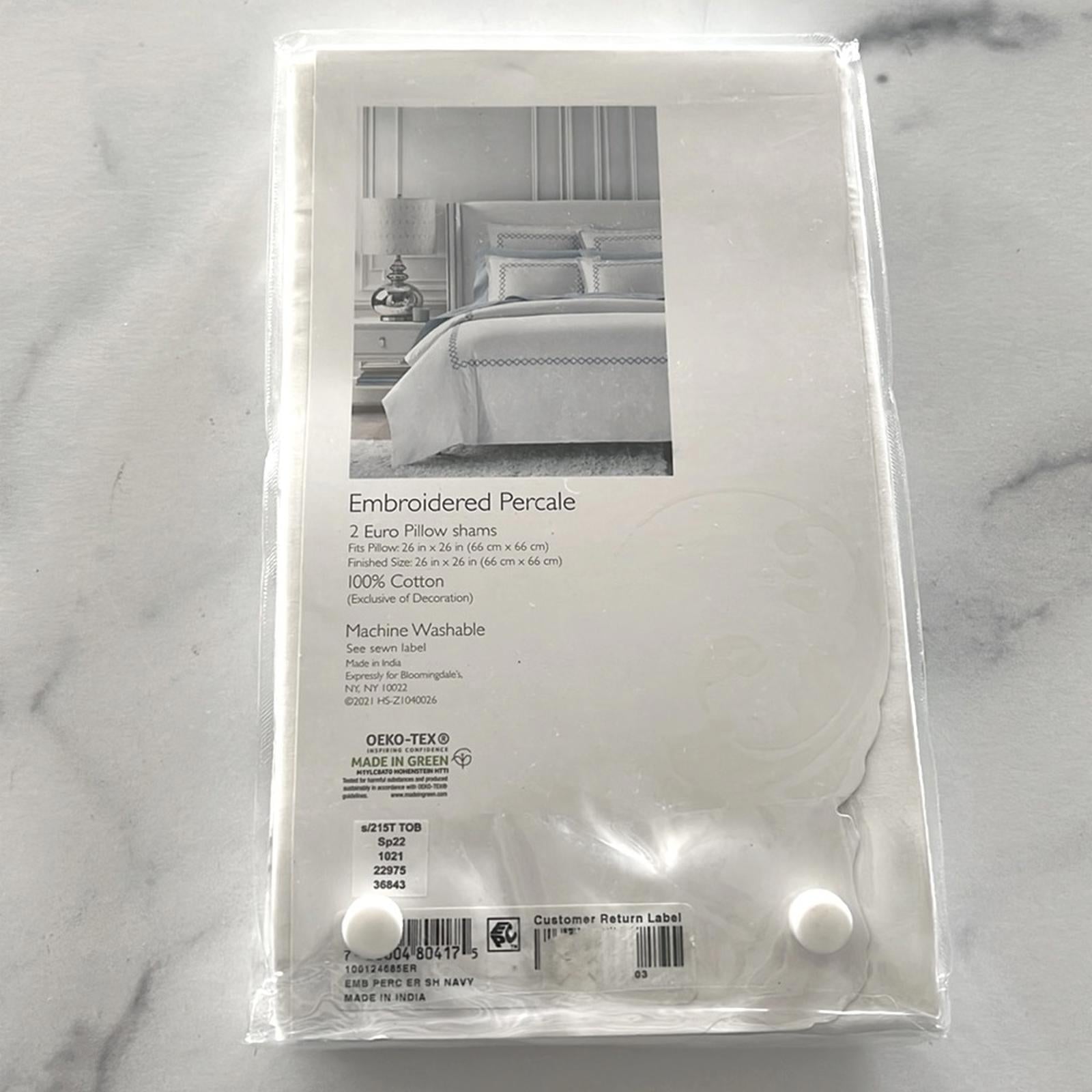 2 SKY Embroidered Percale Euro Shams (1Pair) in White/Navy, NEW $145