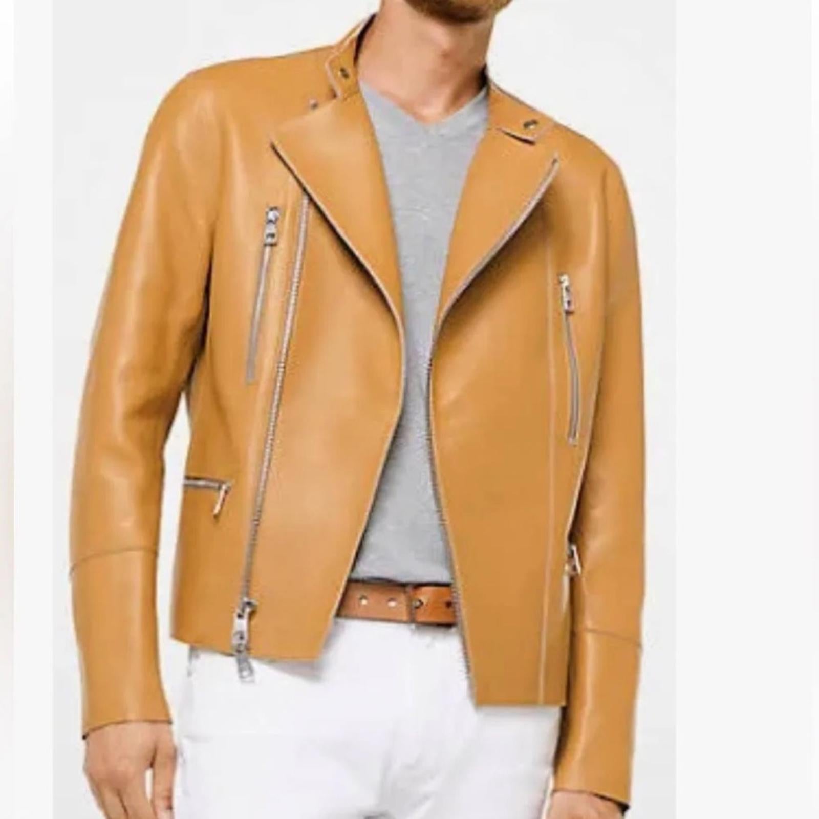 Michael Kors Men’s Nappa Leather Moto Jacket in Tan, NWT Size L $898
