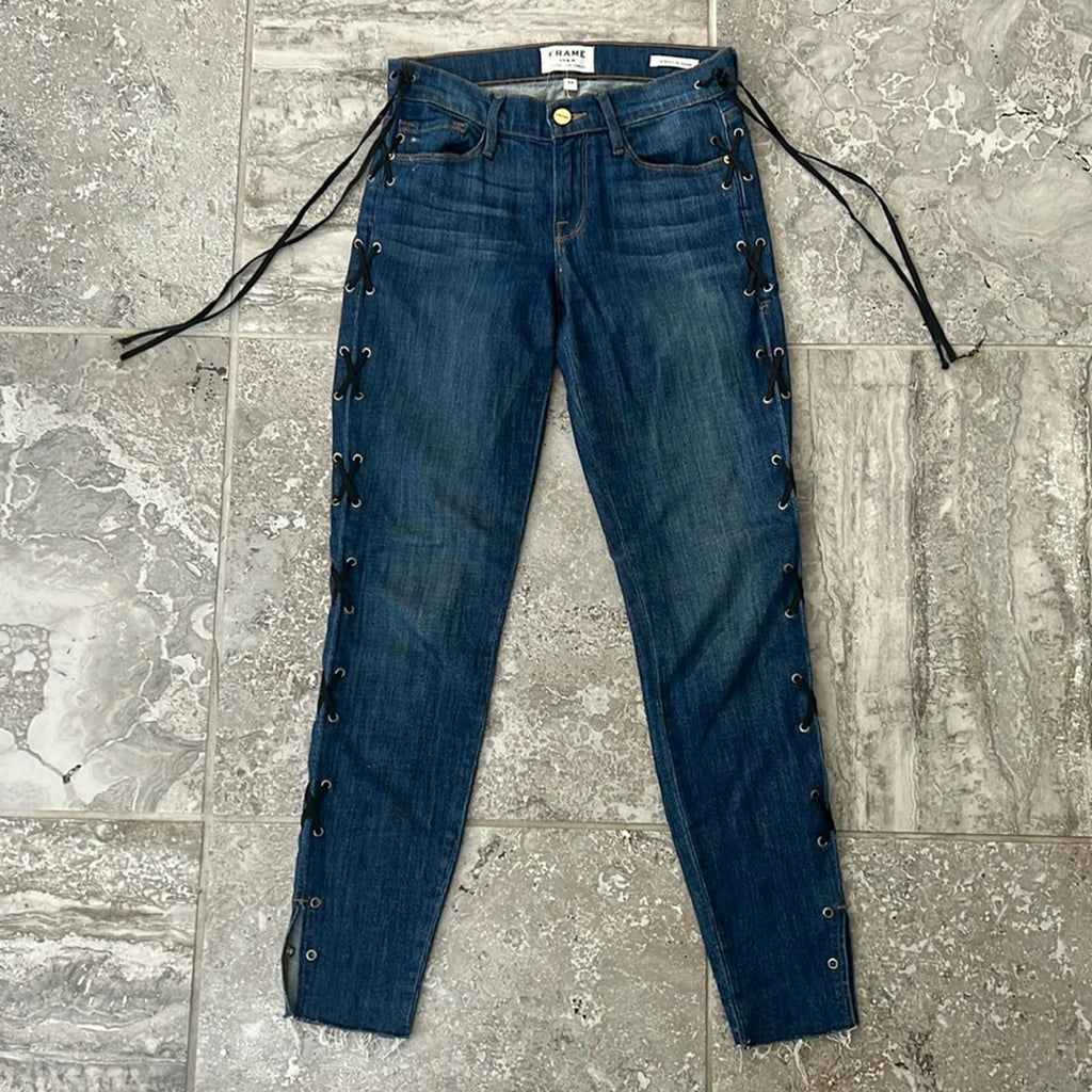 FRAME Le Skinny de Jeanne Jeans with Side Lace-Up Detail Jeans in Blue, Size 24