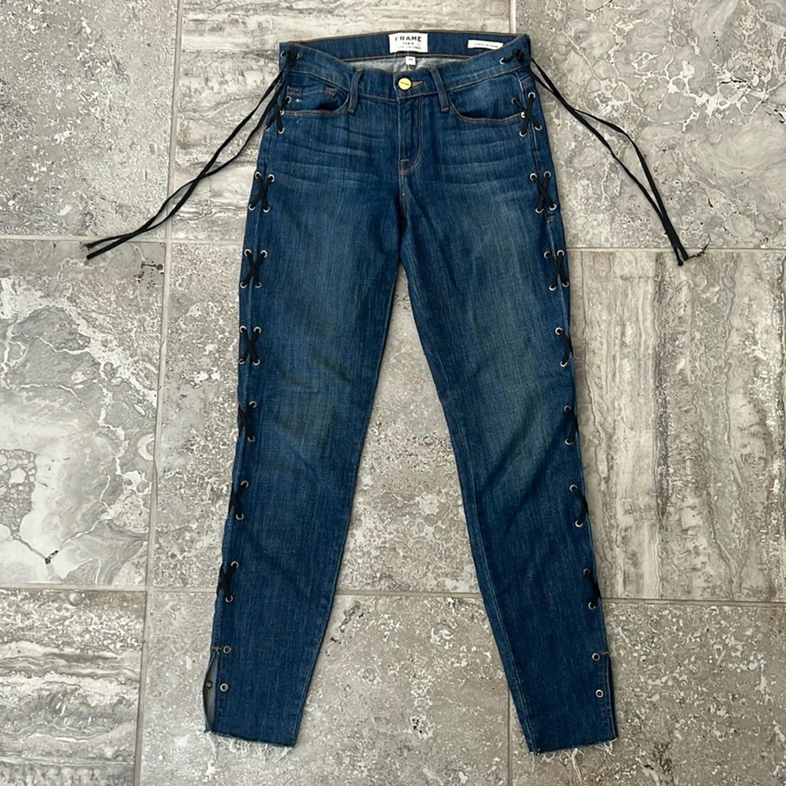 FRAME Le Skinny de Jeanne Jeans with Side Lace-Up Detail Jeans in Blue, Size 24