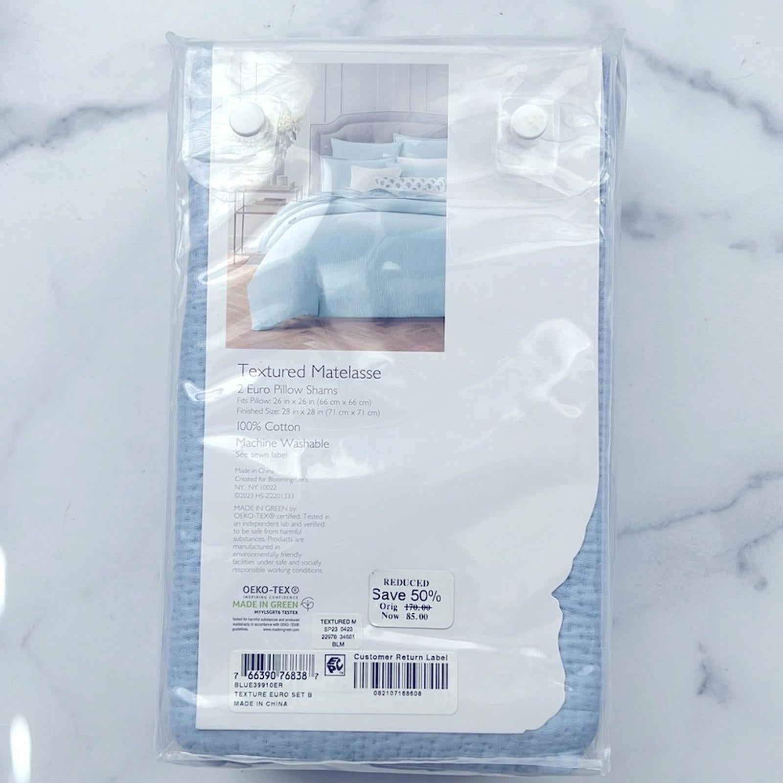 2 Sky Textured Matelasse Euro Sham in Coast Blue, New w/Tag Retail $170