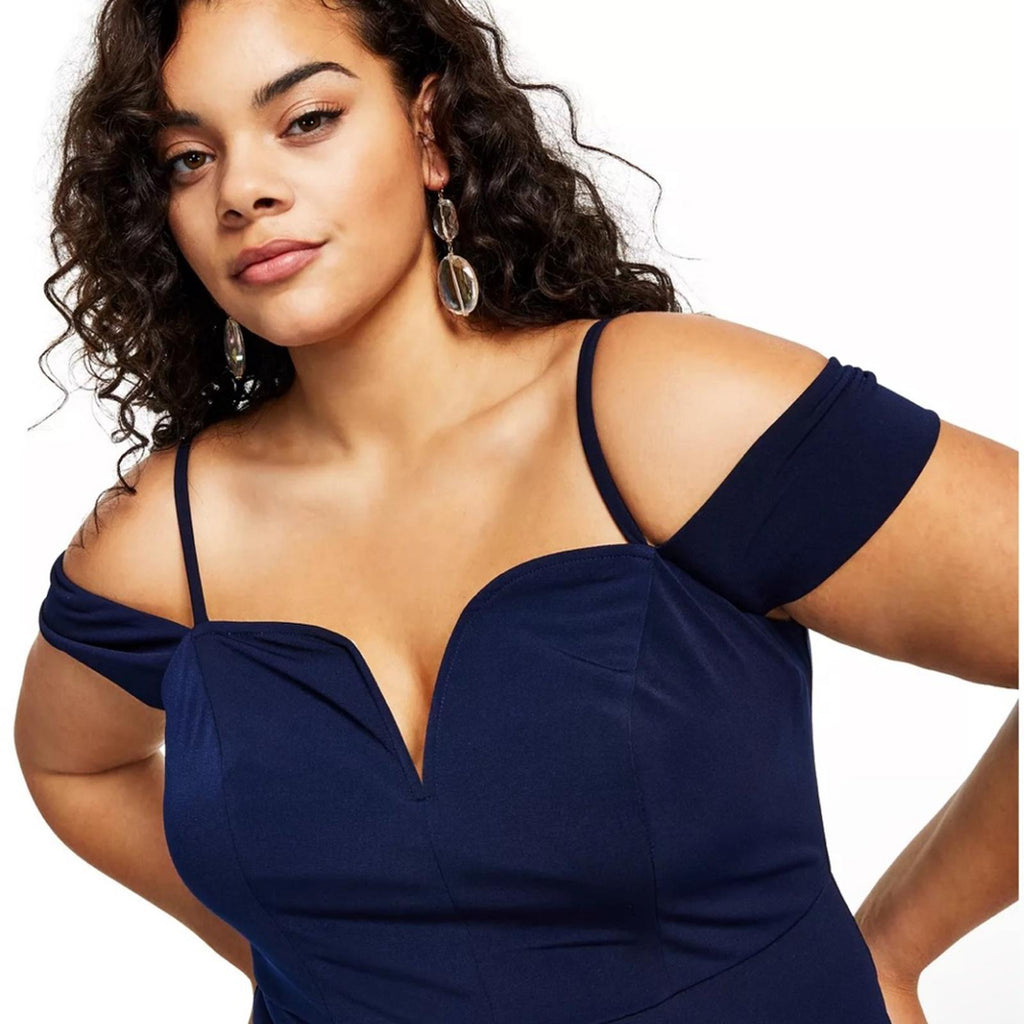City Studios Trendy Off-The-Shoulder Slit Gown, Navy/Rose Size 16W New w/Tag $99