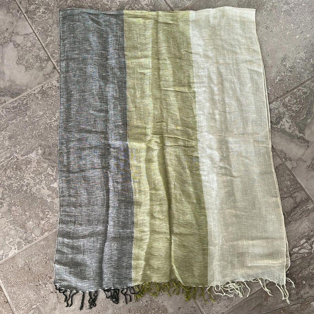 Linen Scarf with Feather Fringe, Green, Grey EXCELLENT!