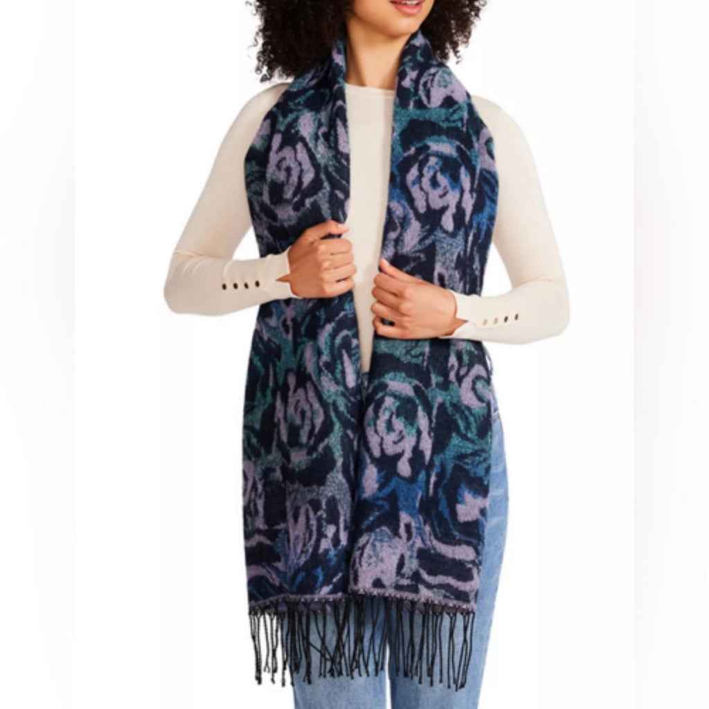 Steve Madden Vibrant Rose Jacquard Blanket Scarf with Fringe in Blue NWT