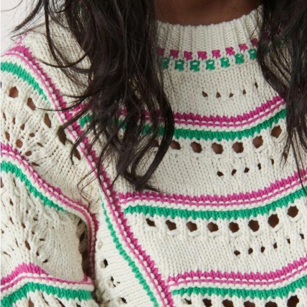 ba&sh Ecru Hicham Jumper Stripe Pointelle Sweater, Ivory Size XS Retail $336