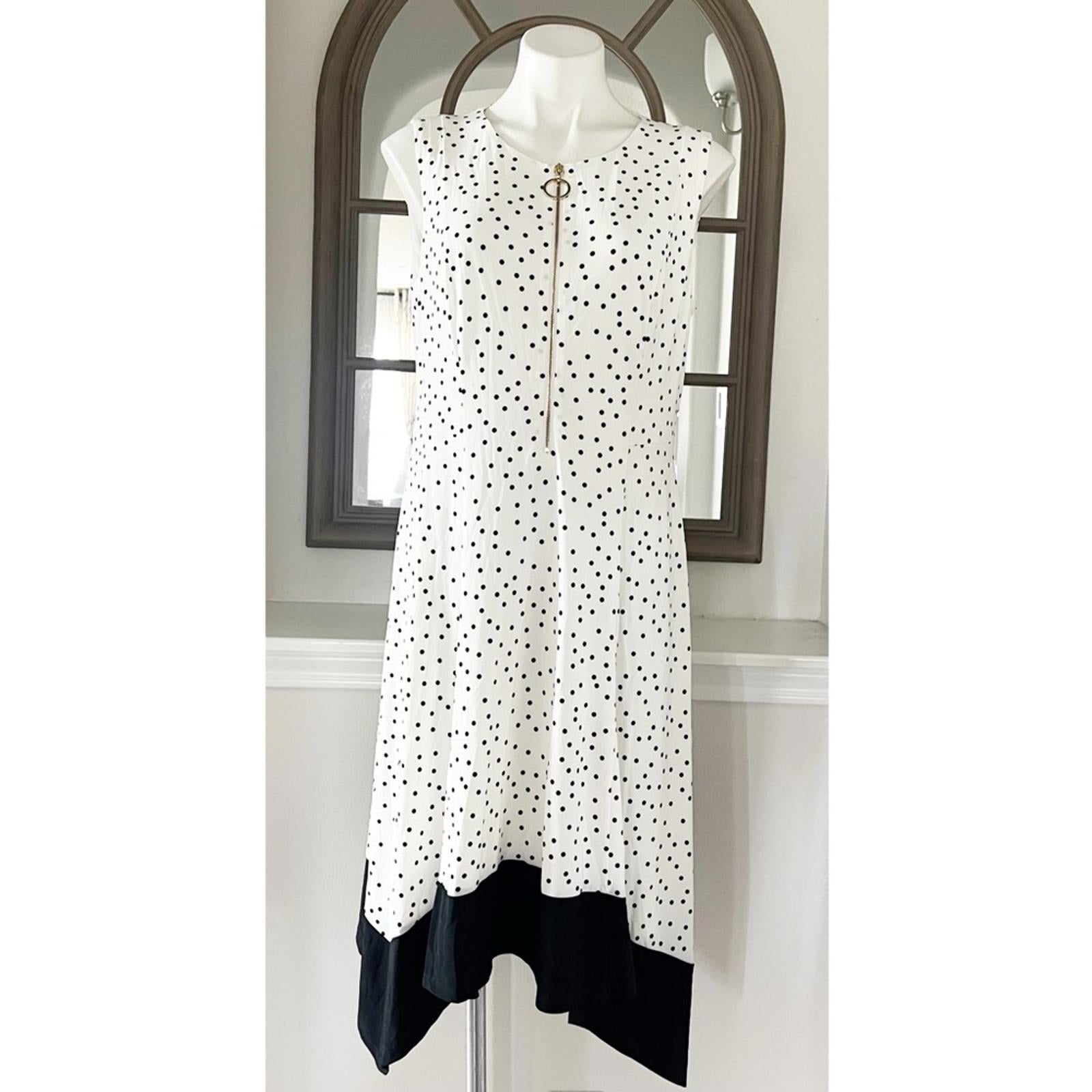 DKNY Polka Dot High Low Midi Dress in White & Black, Size 14, New w/Tag