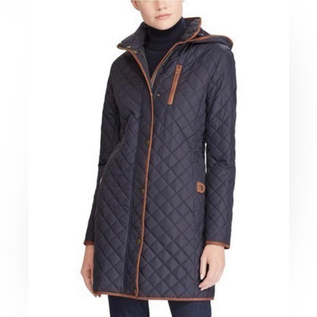 Lauren Ralph Lauren Faux-Leather-Trim Hooded Quilted Coat, Size S New w/Tag
