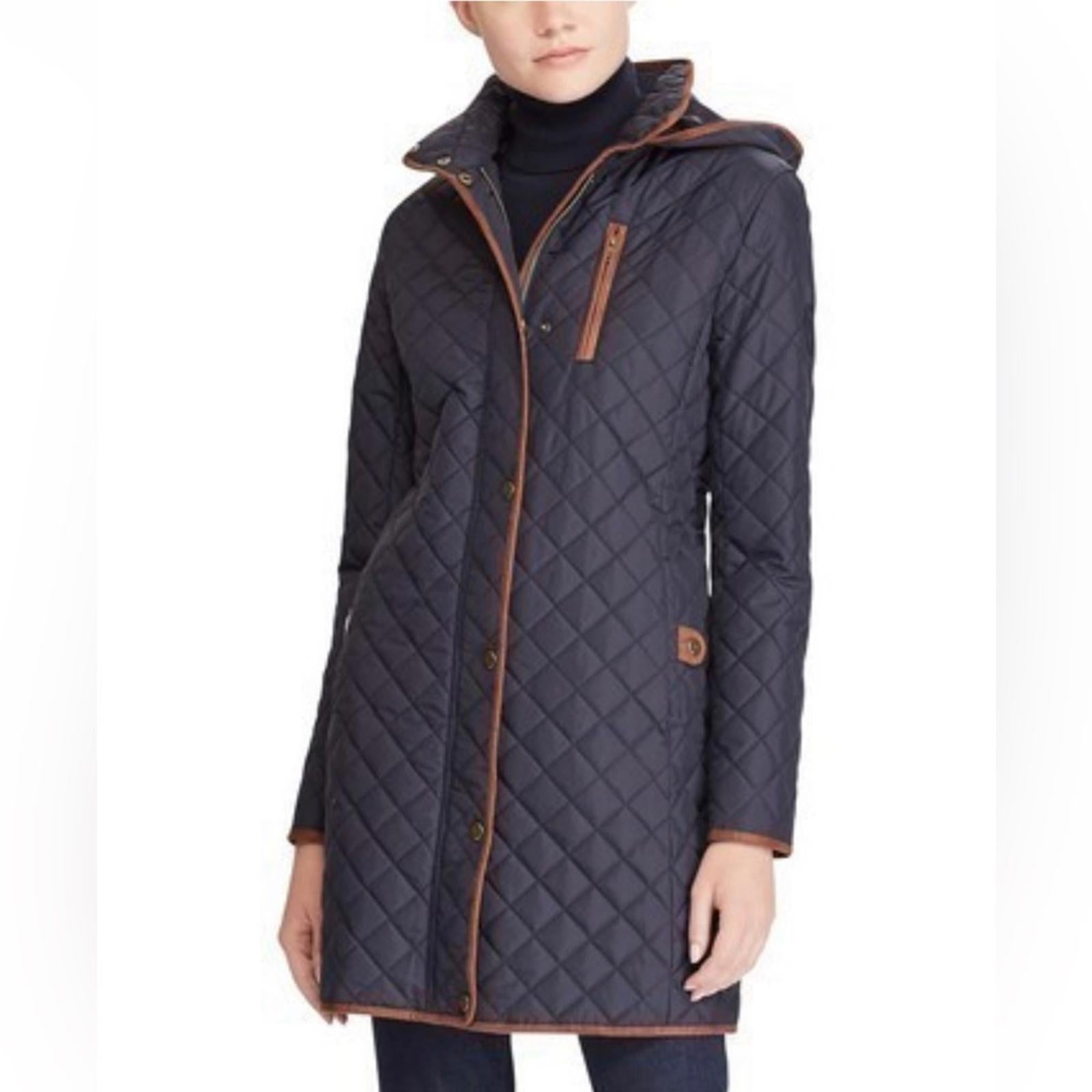 Lauren Ralph Lauren Faux-Leather-Trim Hooded Quilted Coat, Size S New w/Tag