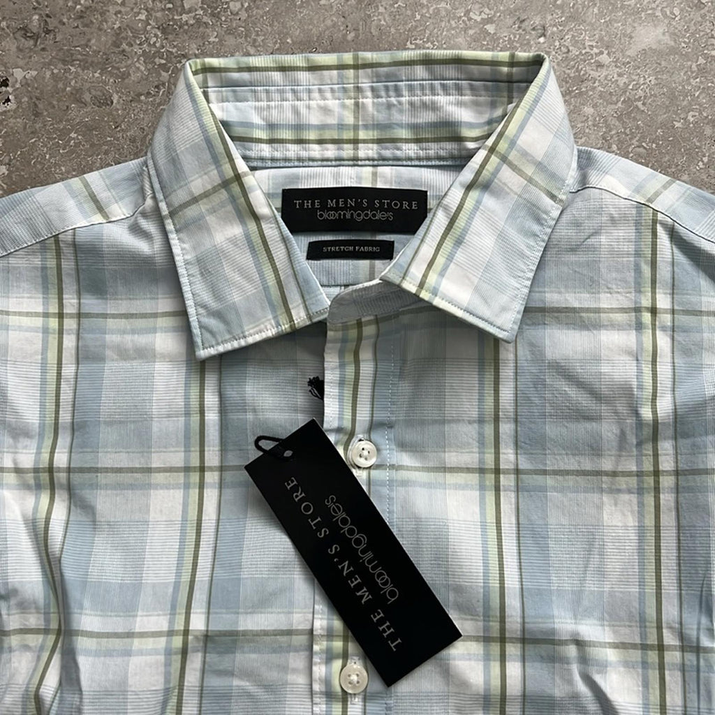 The Men’s Store Bloomingdale’s Plaid Button Up Dress Shirt Blue Sage Size M NWT