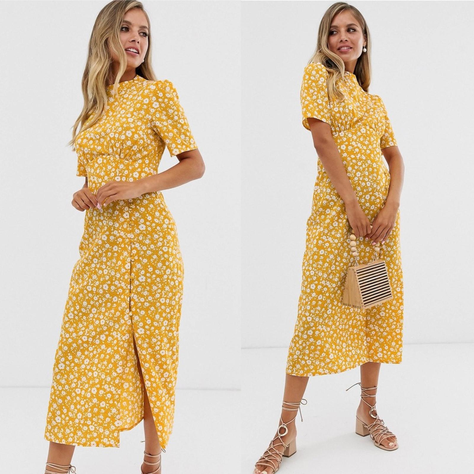 New ASOS Midi Tea Dress with Buttons, Mustard based Floral, Size US12, EU44