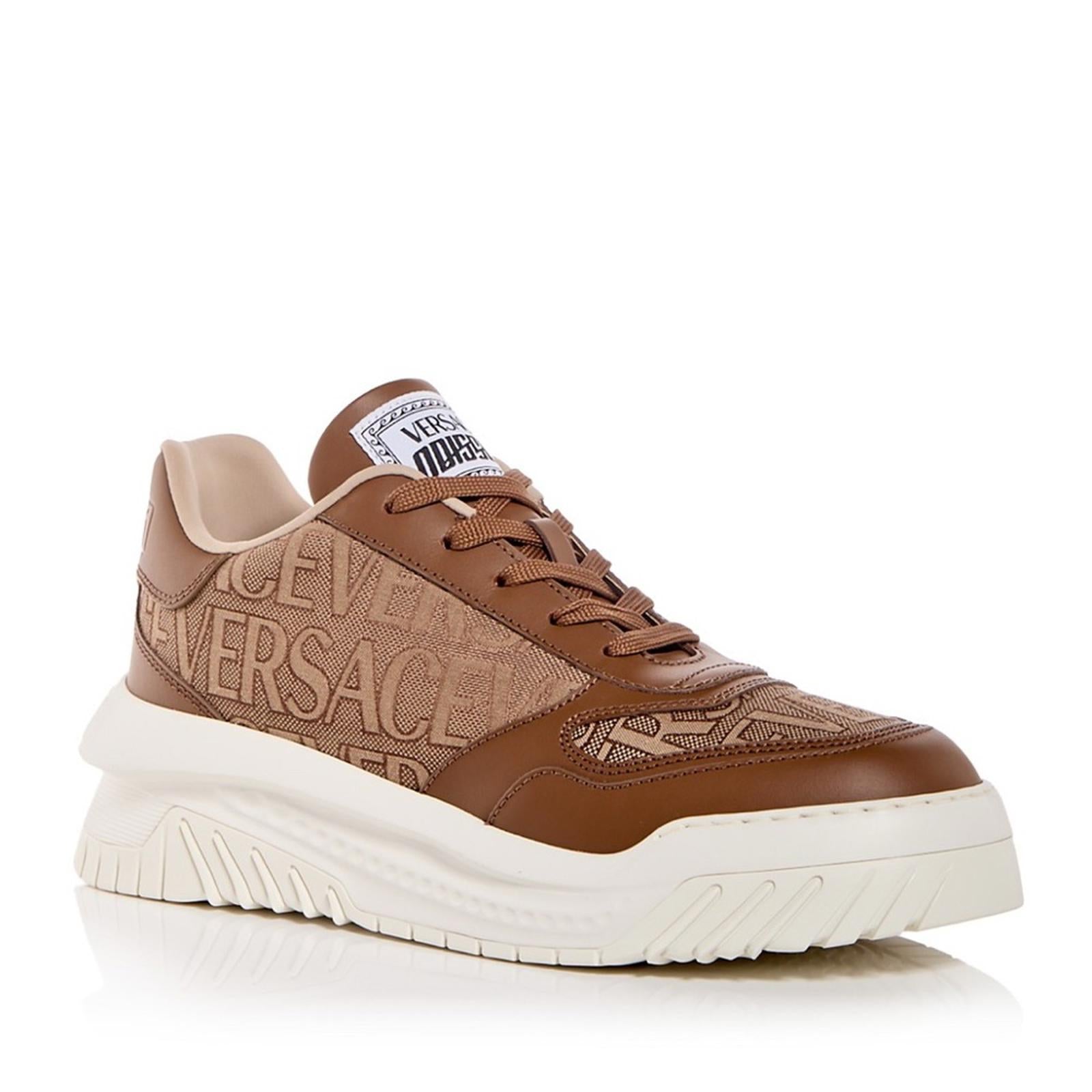 Versace AllOver Logo Odissea Low-Top Men’s Sneakers, Beige/Brown, NEW, Size 42.5