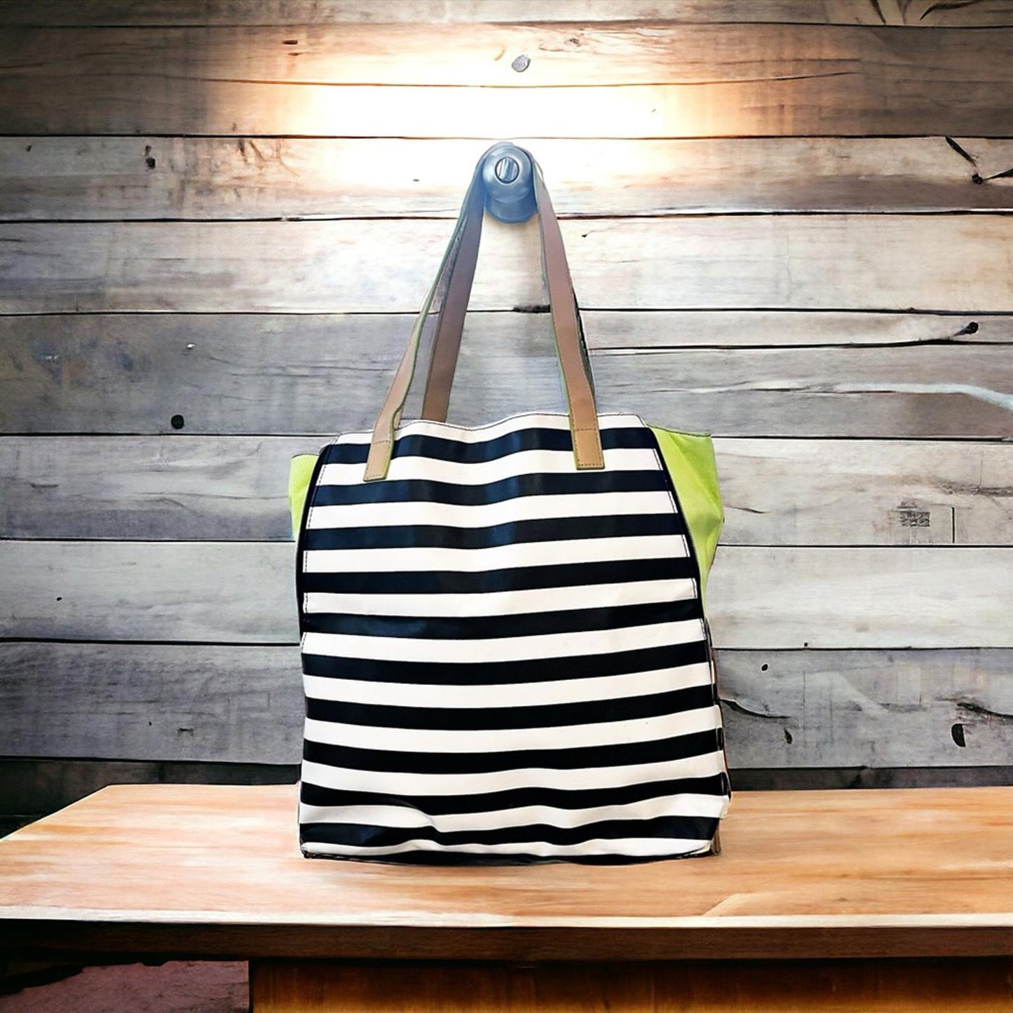 DSW Expandable Striped Tote Bag in Black, White, Néon Green, Tan