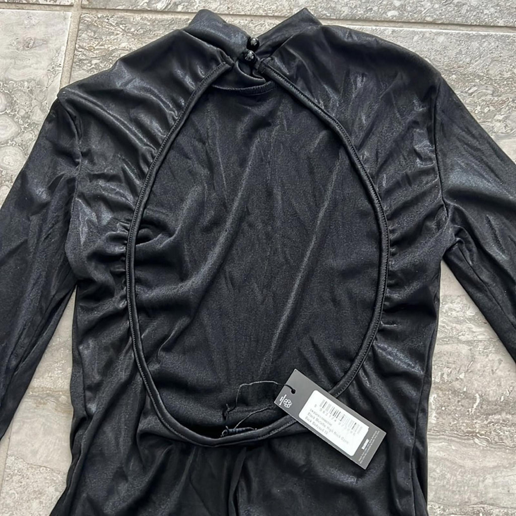 PrettyLittleThing Black Metallic High Neck Open Back Bodysuit, Size UK10 US6 NEW