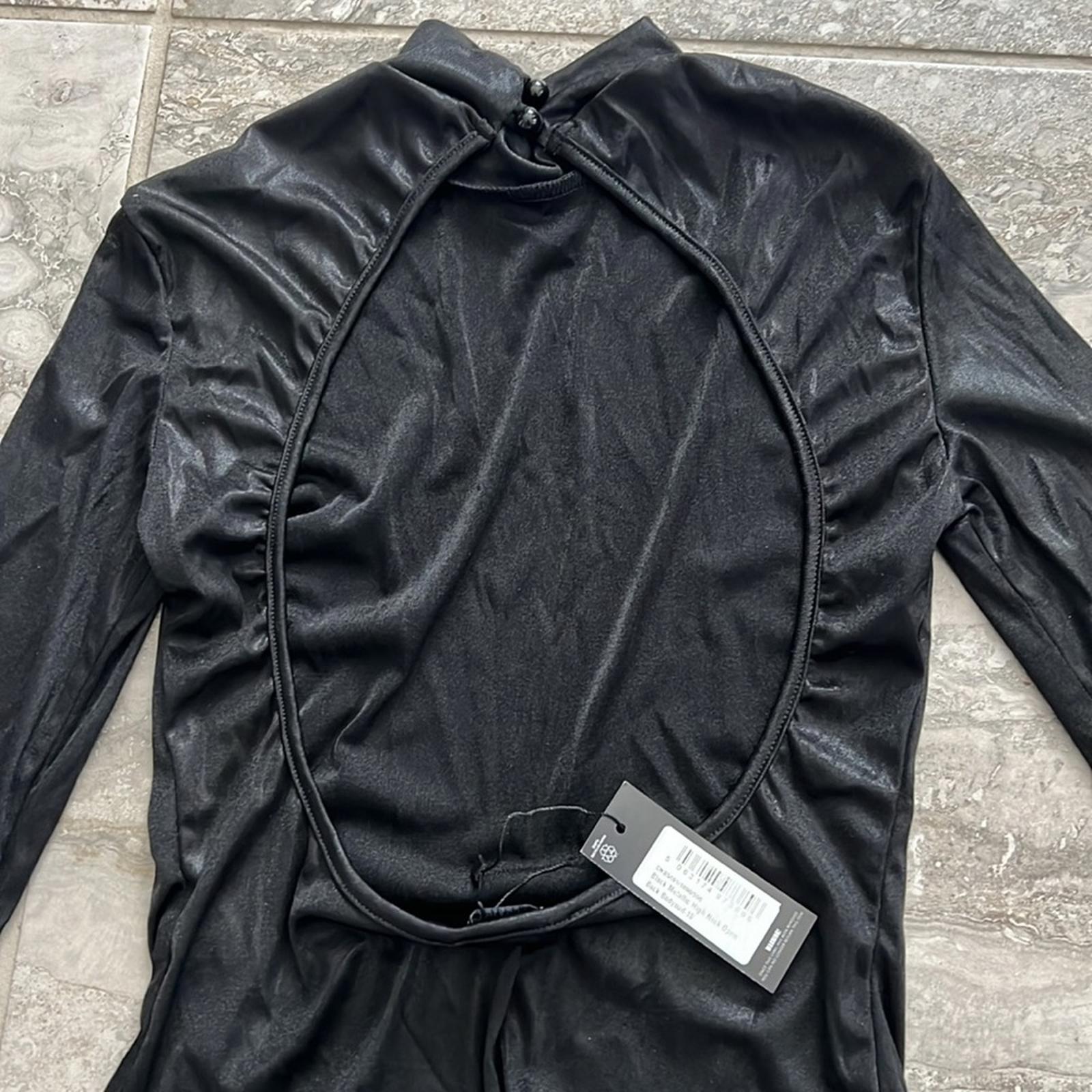PrettyLittleThing Black Metallic High Neck Open Back Bodysuit, Size UK10 US6 NEW