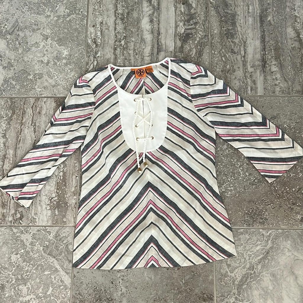 NEW Tory Burch Linen Lace-Up Diagonal Stripe Blouse, Size 12