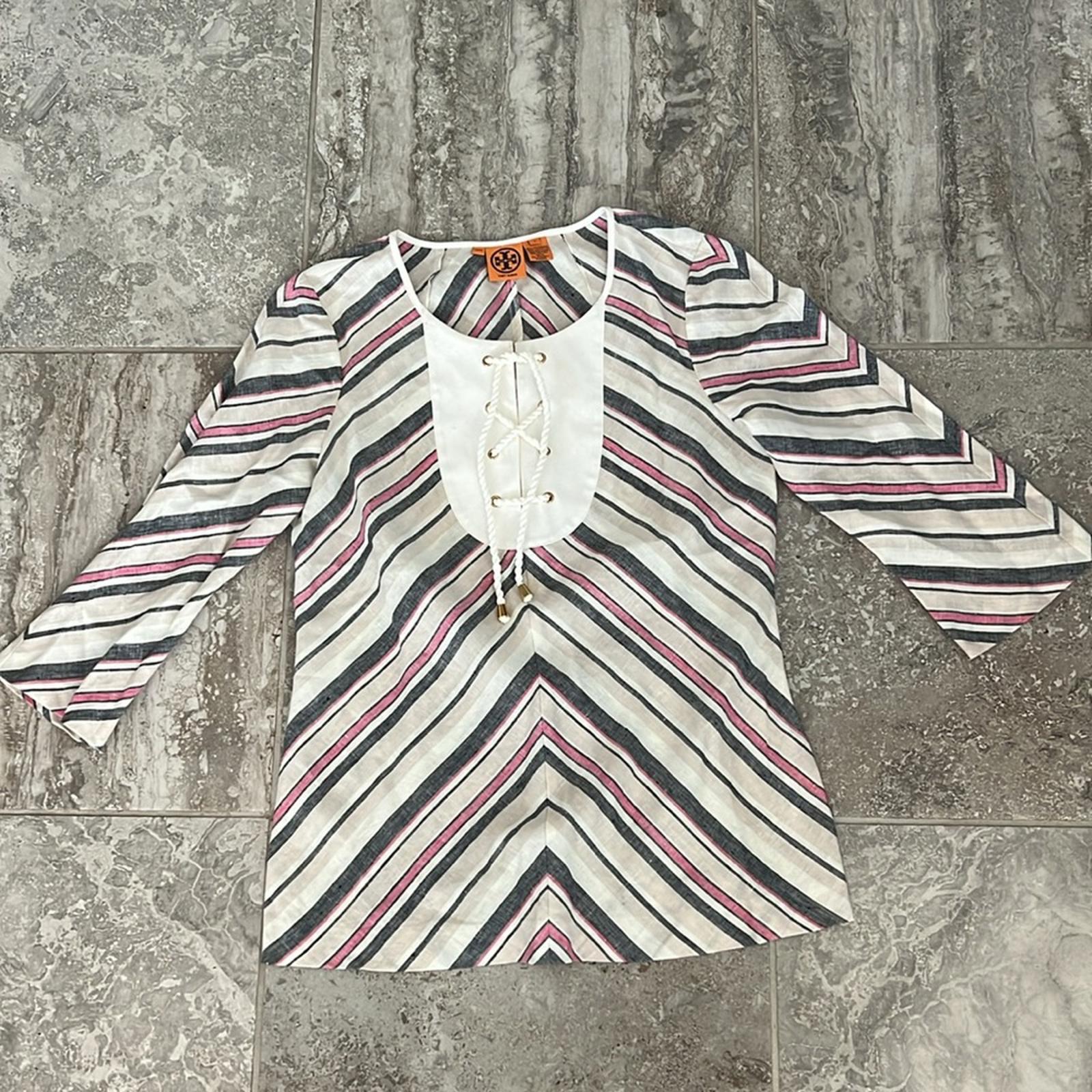 NEW Tory Burch Linen Lace-Up Diagonal Stripe Blouse, Size 12