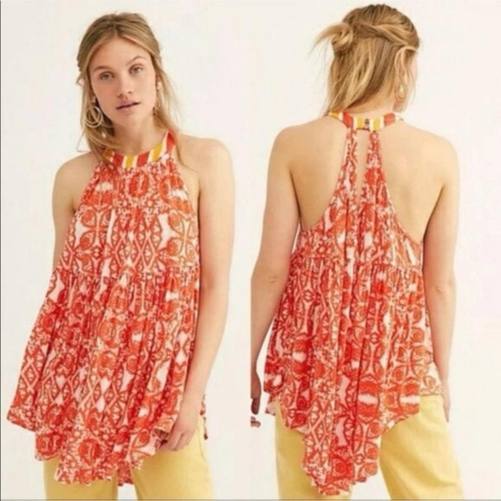 NEW Free People Halter Tunic, Linen Blend Top in Red Lavender Size S New w/Tag