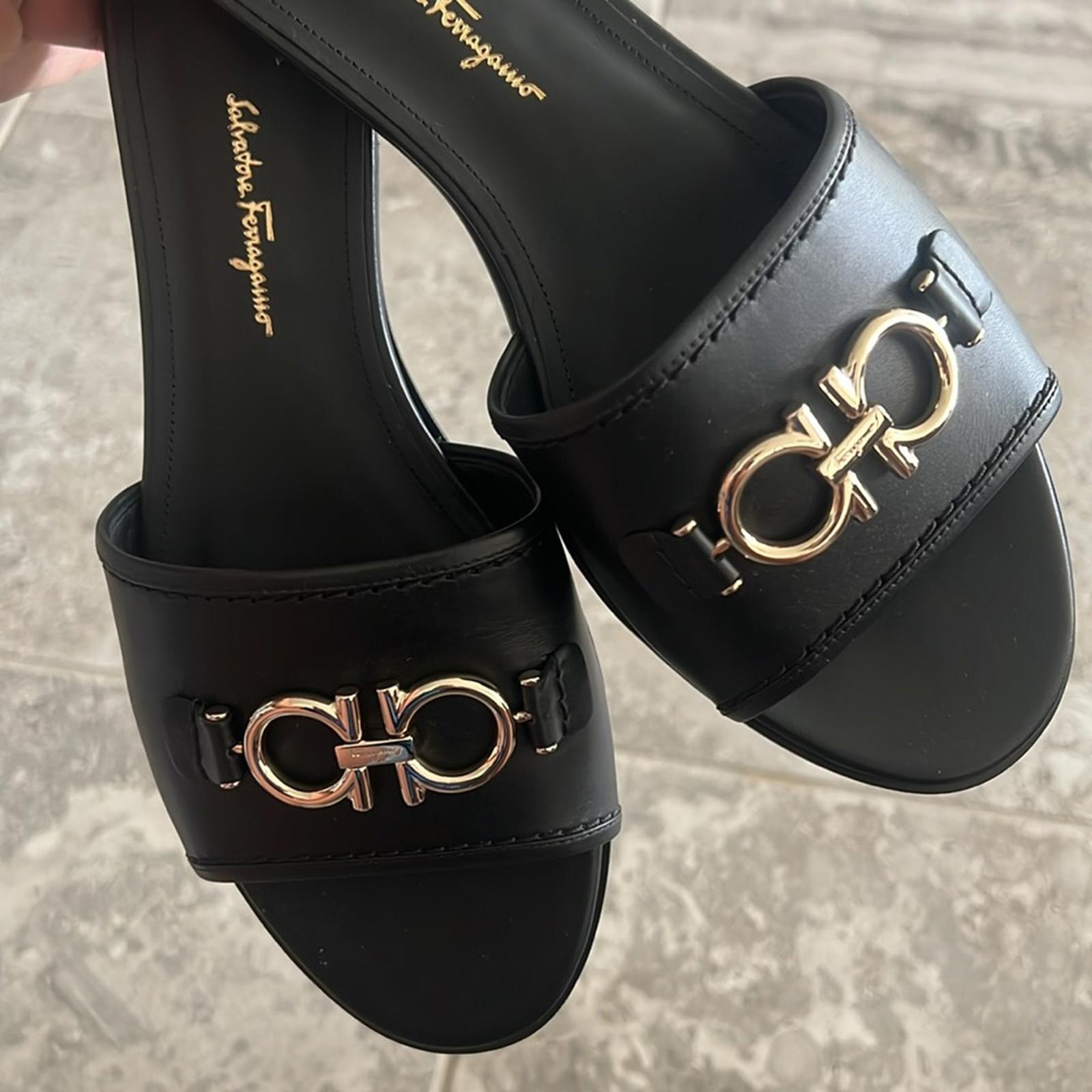 Salvatore Ferragamo Rhodes Slide Sandals in Black/Silver-Tone, NWT, Size 10.5