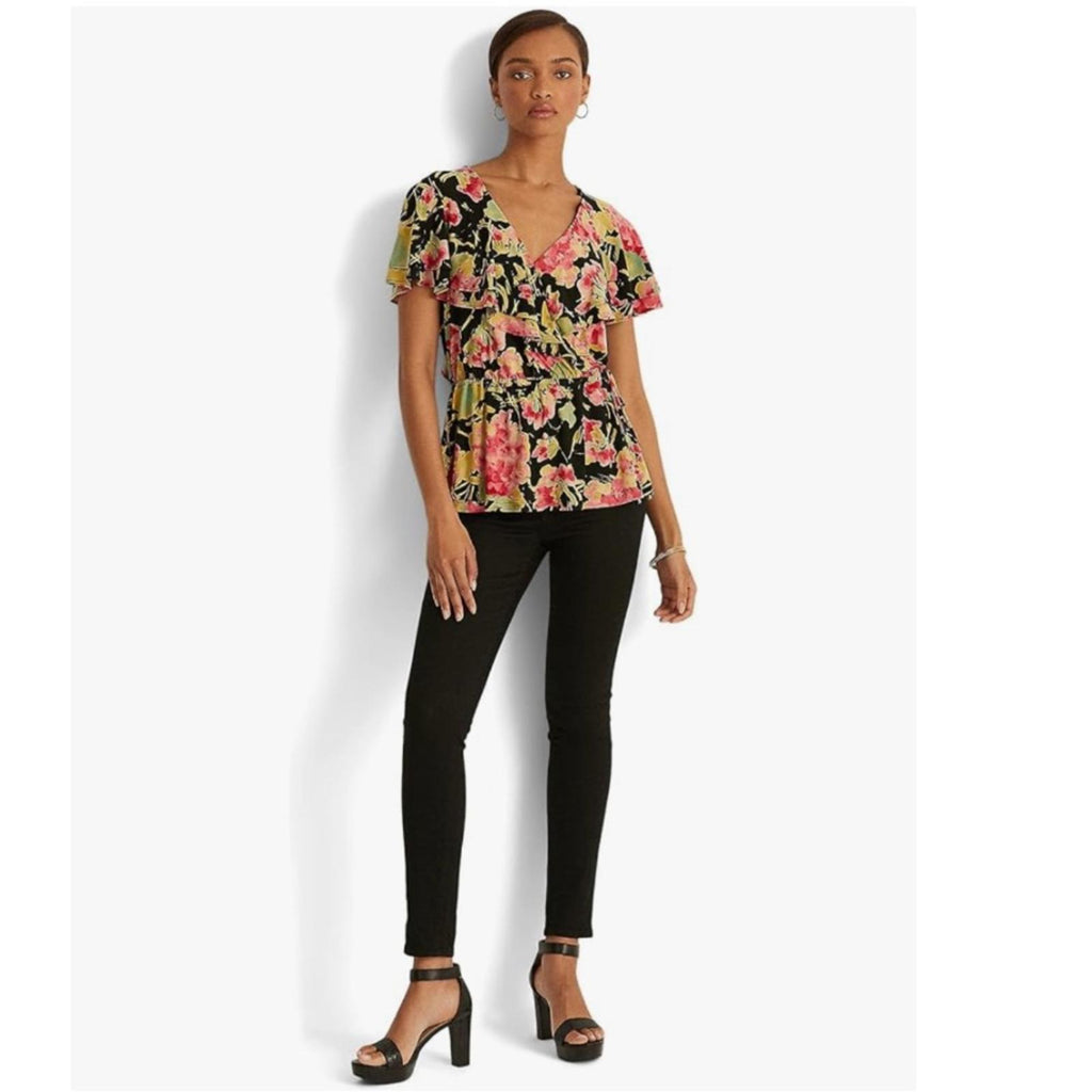Ralph Lauren Floral Ruffle Trim Surplice Jersey Top in Black, NWT, Size L