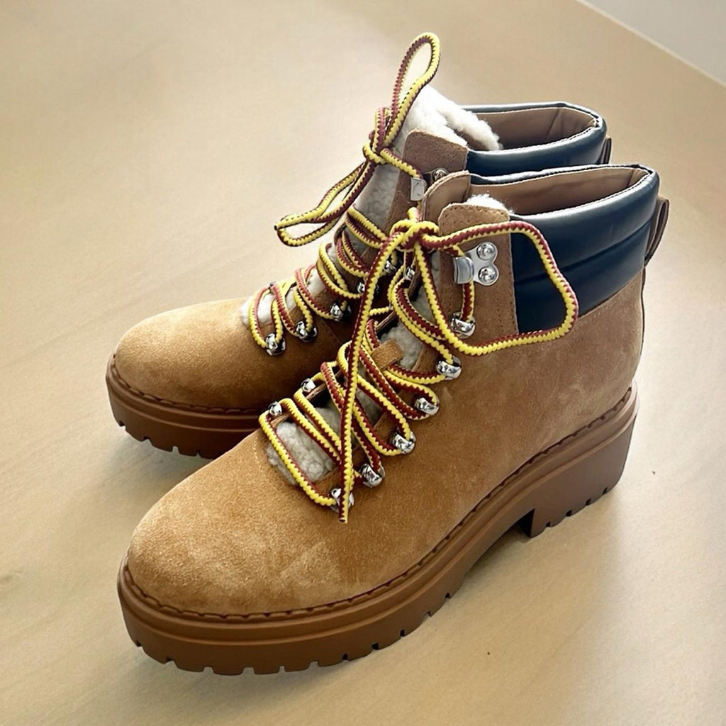 Marc Fisher LTD Nairy Lace-Up Genuine Shearling Lug Sole Bootie Tan Size 7.5 NEW