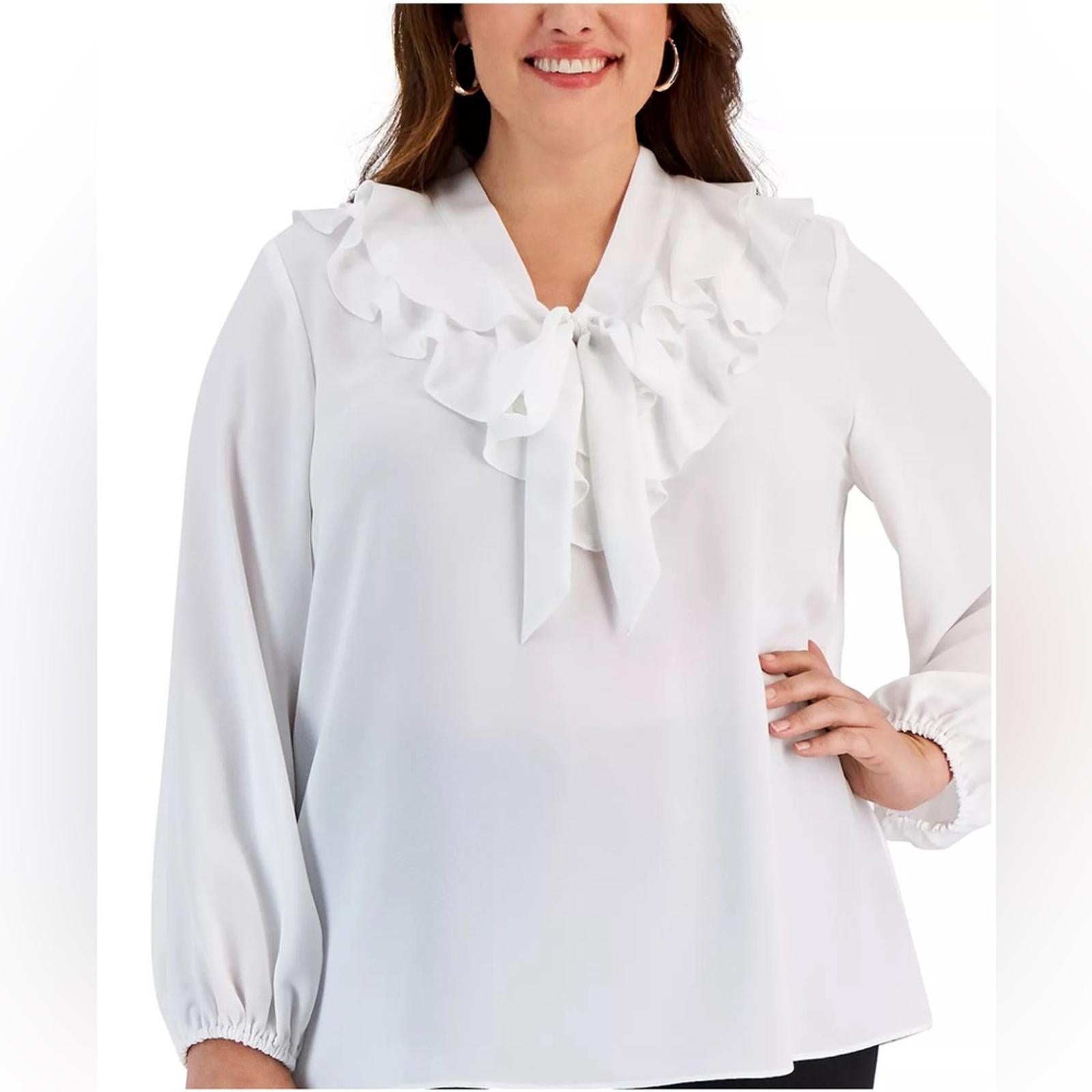 KASPER Ruffled Tie-Neck Blouse, Lily White, Plus Size 2X New w/Tag $89 SOLD OUT