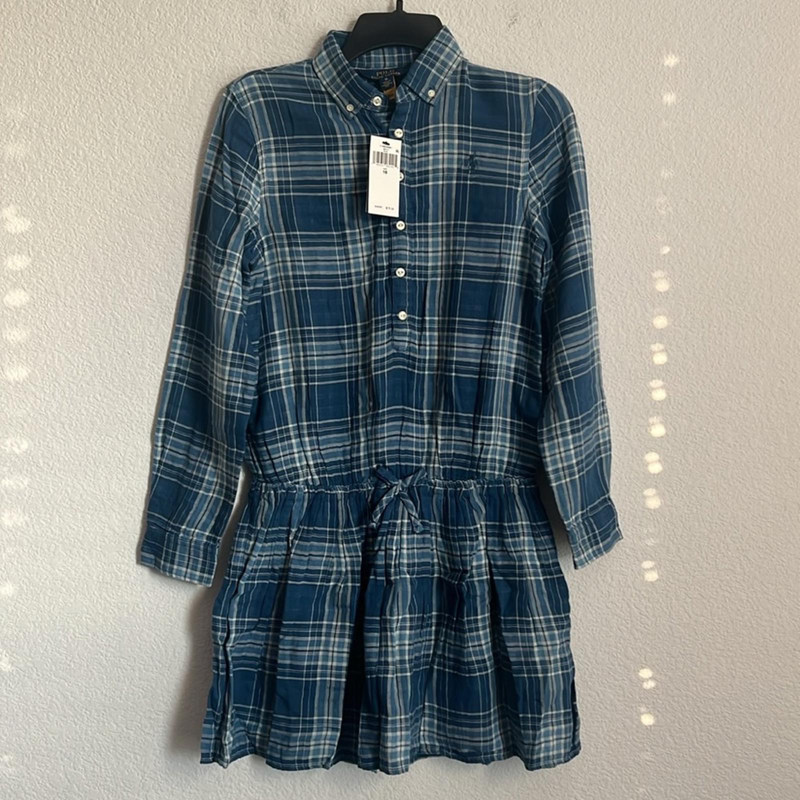 Polo Ralph Lauren Plaid Double-Faced Cotton Shirtdress in Blue, NWT, Size 16