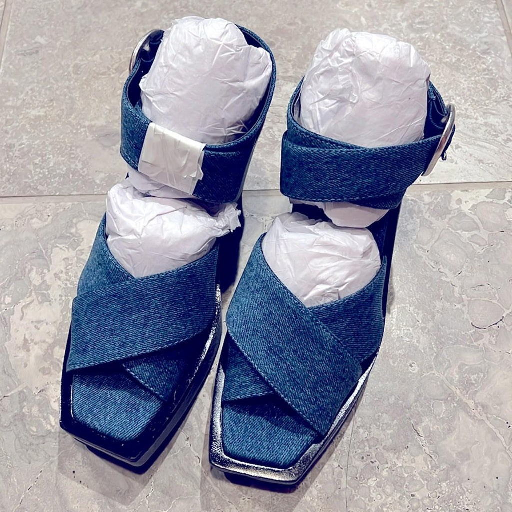 Rag & Bone Santiago Ankle Strap Platform Wedge Sandals Denim, Size 8.5/38.5 NWT