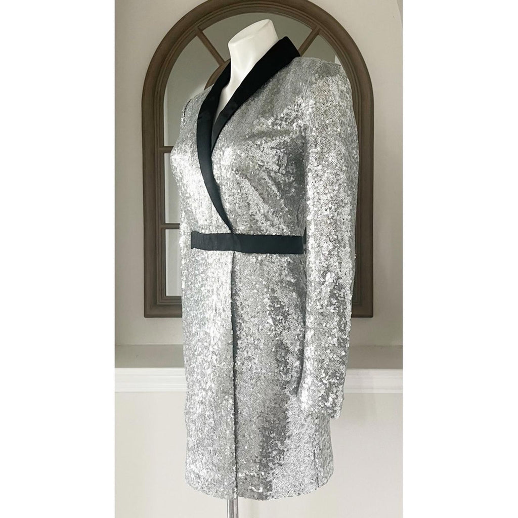 Rachel Zoe Meryl Sequin Faux Wrap Dress in Silver, Size 6 New w/Tag $345