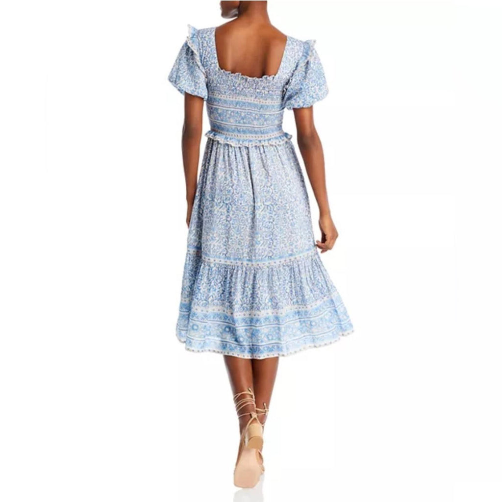 Bell Ashley Ruffled Puff Sleeve Midi Dress in Blue White, Size XL New w/Tag $408