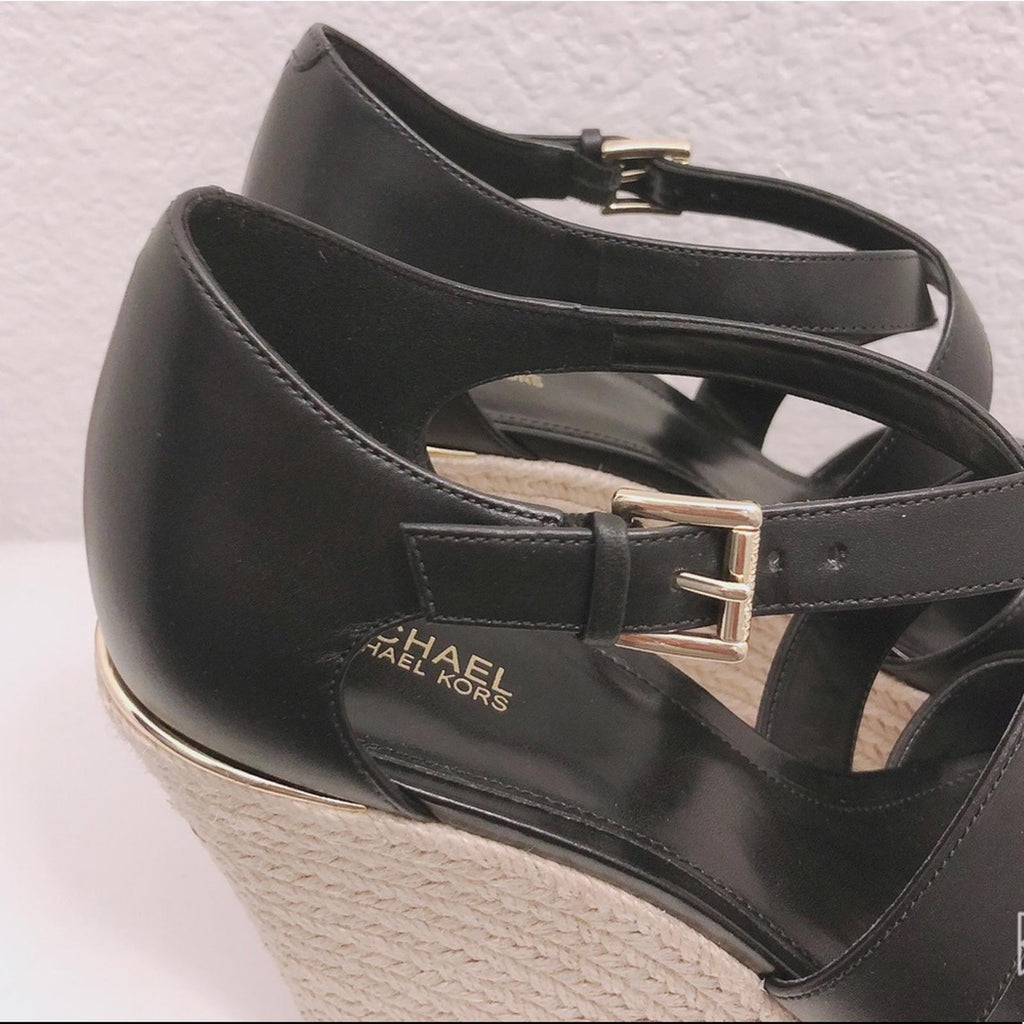 NEW Michael Kors Leather Wedge Sandals Espadrilles Black, Size 9.5 Retail $139