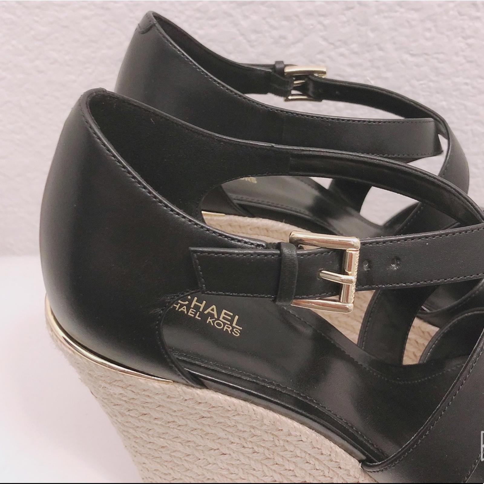 NEW Michael Kors Leather Wedge Sandals Espadrilles Black, Size 9.5 Retail $139
