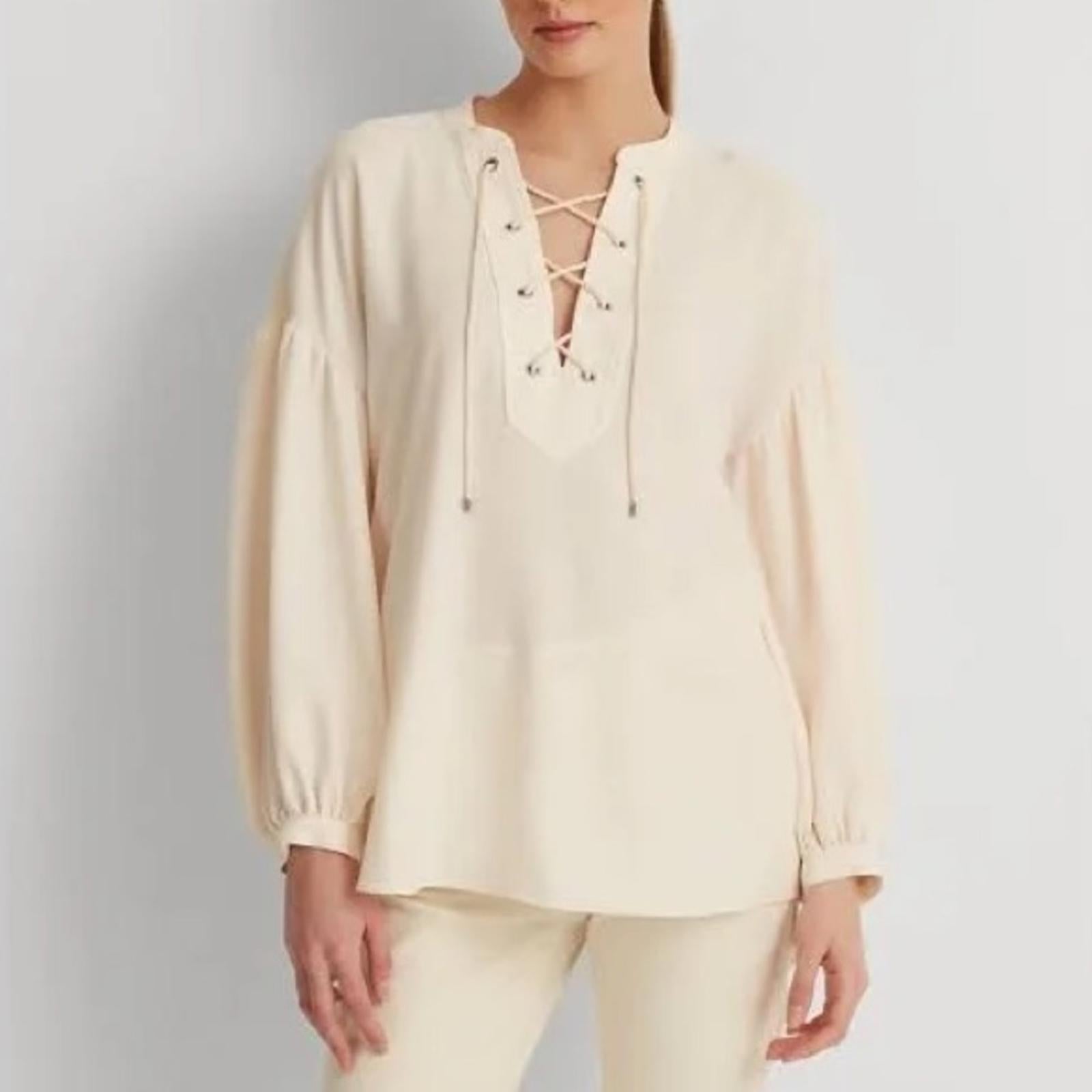 Lauren Ralph Lauren Lace-Up Double-Faced Tunic in Winter Cream, Size S New w/Tag