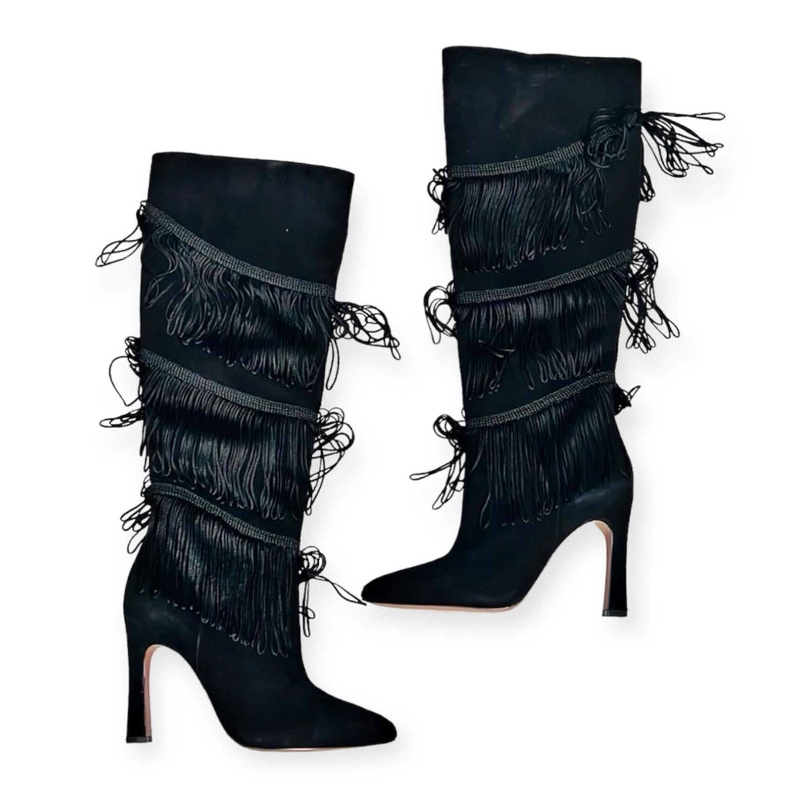 BCBGMaxazria Suede Fringe Heeled Boots, Black Size 7.5 New w/o Box Retail $499